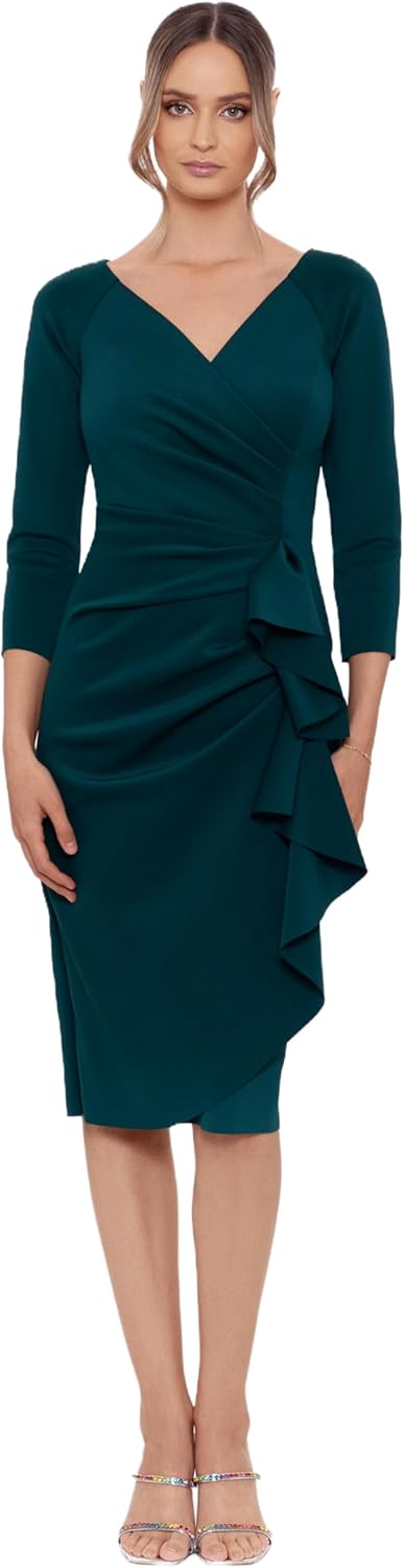 Xscape Womens Xscape Women's Short, Scuba Crepe Dress, with Long Sleeves and Ruffle Detail