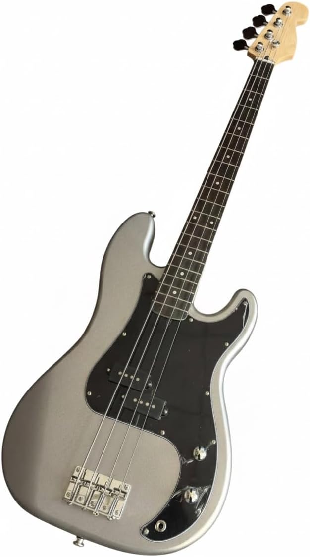 4 String Electric Bass Passive PJ Pickup Configuration Solid Poplar Wood Body Smooth Playability(Metallic Silver)