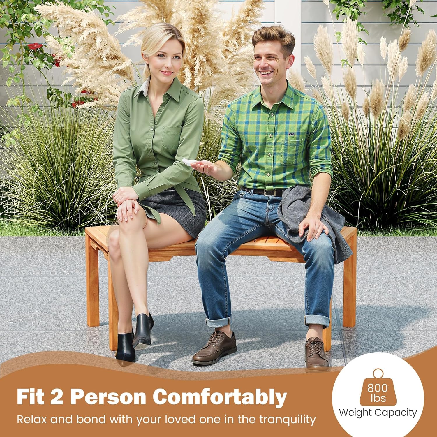 RELAX4LIFE Wooden Outdoor Curved Bench - Acacia Wood Garden Bench w/Slatted Seat, 2-Person Outside Backless Seating for Porch Backyard Deck Park, 800 LBS Load Capacity, Patio Fire Pit Bench (7, 45'')