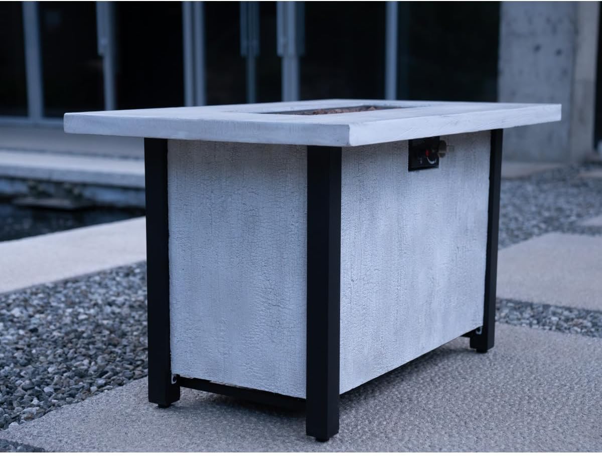 44-inch Rectangle Propane Fire Pit Table, 50,000 BTU Outdoor Patio Heater with Charcoal Grain Texture & Cover, Black & White CSA Certified Gas Fire Pit for Garden