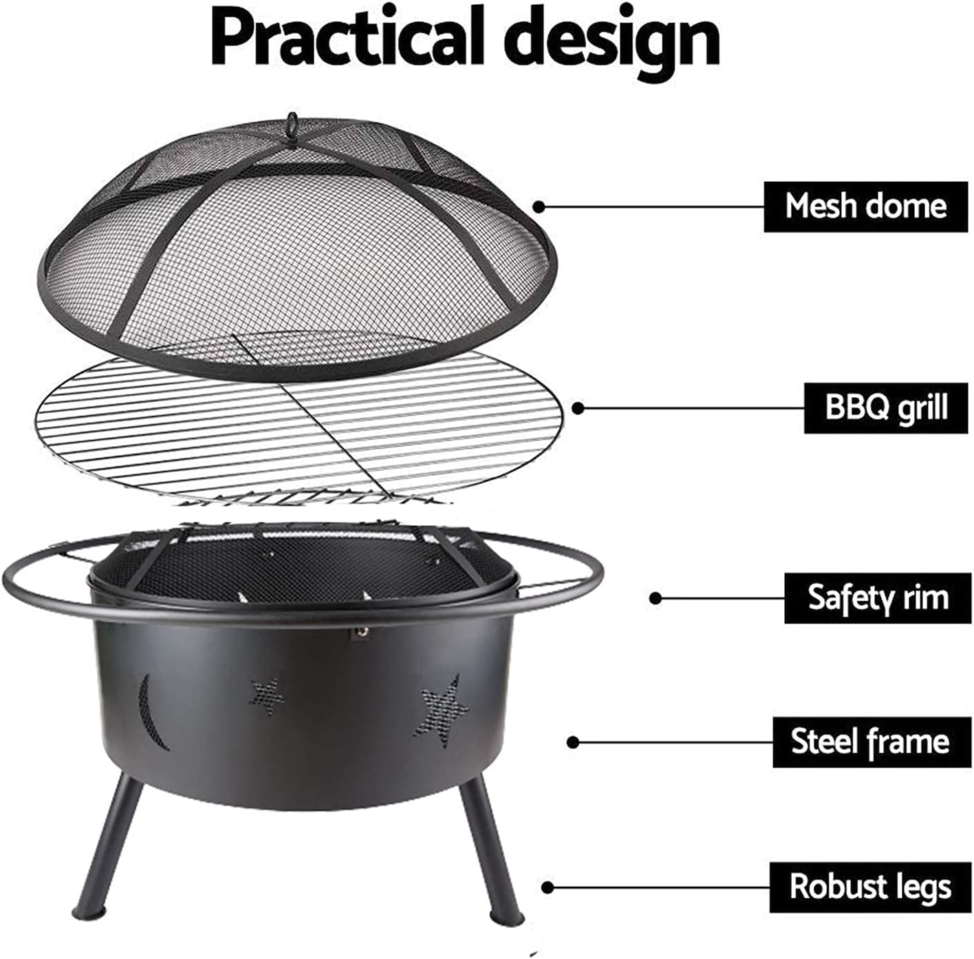 Fire Pit for Outdoor Garden Patio with BBQ Grill Shelf Barbecue Brazier Fire Bowl with Spark Protection Mesh, Extra Includes Poker and Cover