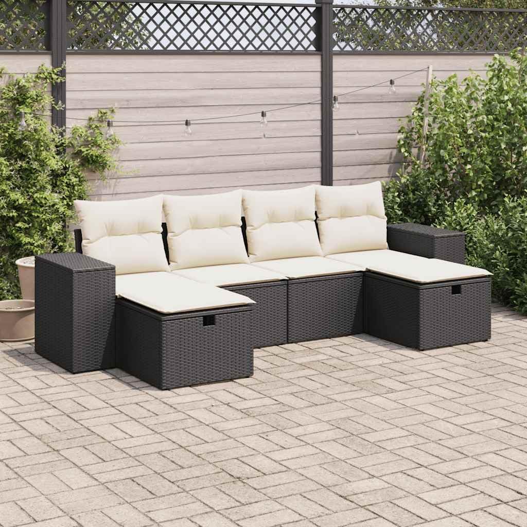 6-Piece Modular Garden Sofa Set Black and Cream PE Rattan Medium with Adjustable Armrests Water-Resistant Fabric for Outdoor Patio Furniture and Modern Seating