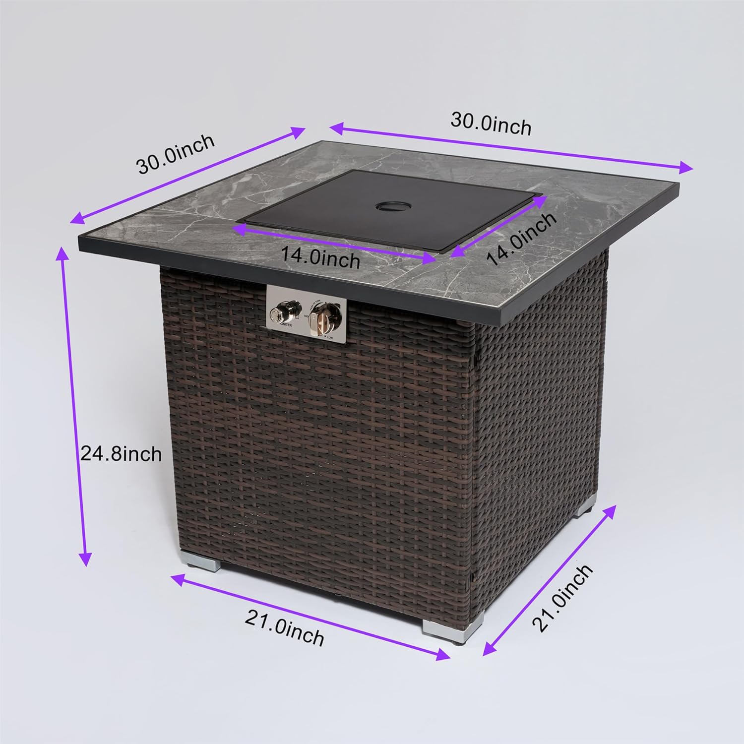Deluxe Outdoor Fire Table, 30-inch Propane Gas Pit with Ceramic Tile Tabletop and Rattan Wicker Body, Includes Lid, 40000 BTU Heat Output, Electronic Ignition, with Glass Rocks and Rain Cover