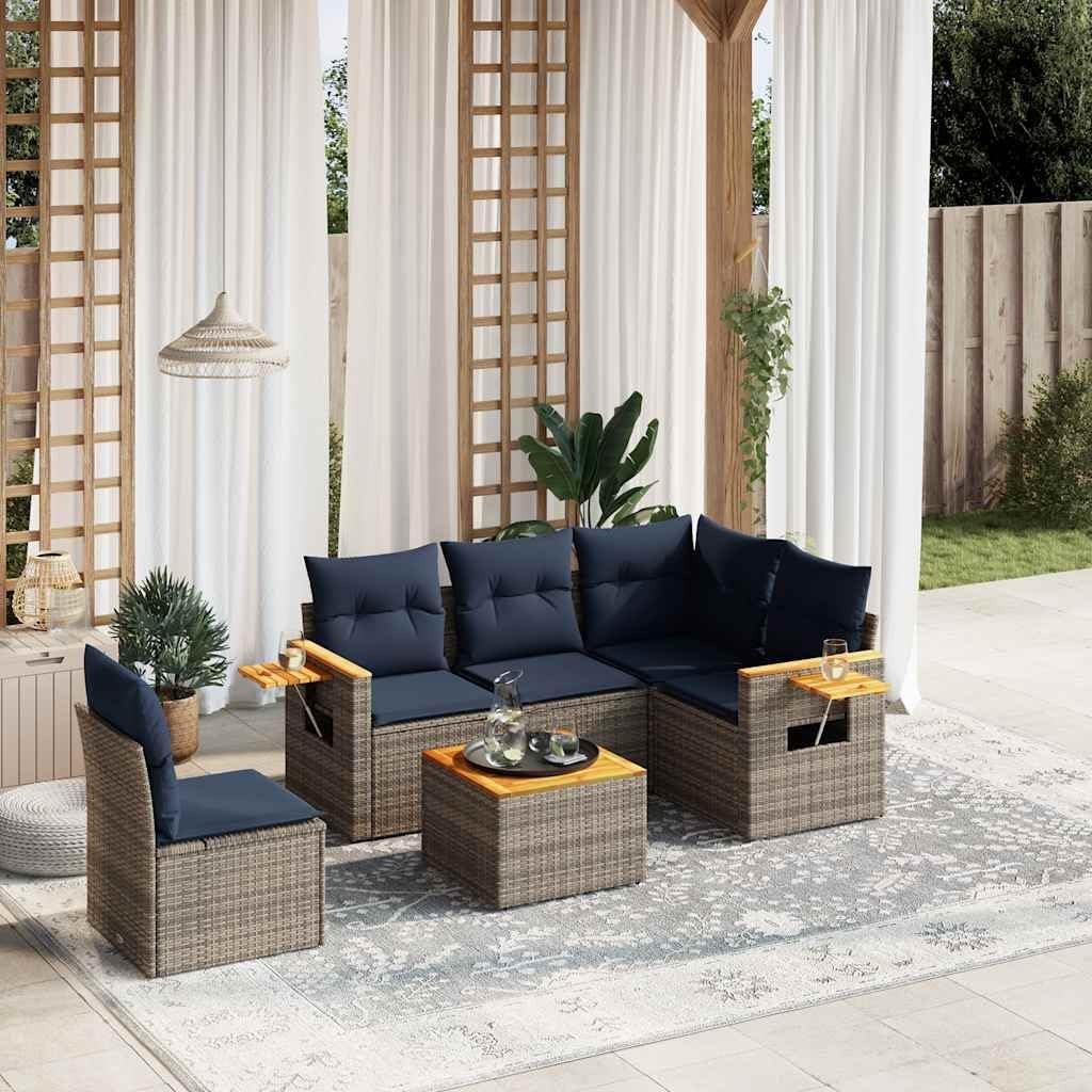 6 Piece Patio Sofa Set, Grey Poly Rattan Outdoor Furniture with Cushions, Acacia Wood Tabletop, Modular Design, Balcony Furniture