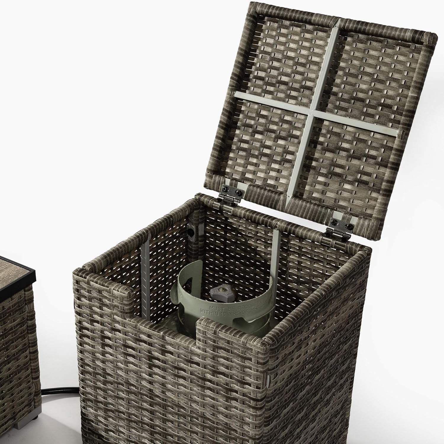 Beige Fire Pit Table with Tank Holder & Ceramic Tile Tabletop – Outdoor/Indoor Propane Fire Pit for Patio, Deck, Living Room – Elegant & Functional (1 Doors)