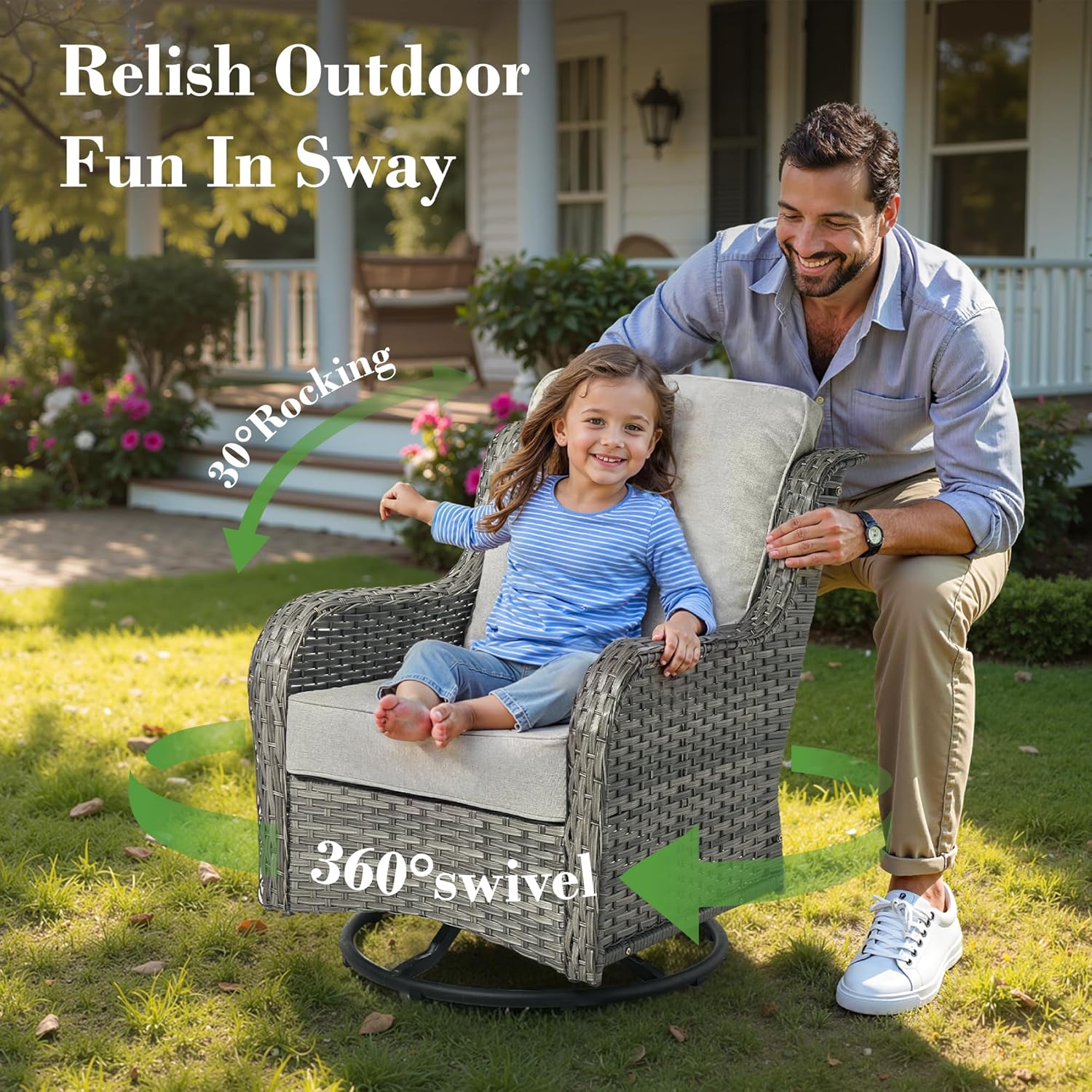 7 Pieces Patio Furniture Set with Fire Pit Table,Outdoor Furniture with Swivel Rocking Chairs,Outside Wicker Conversation Sets with Comfy Cushions,Grey