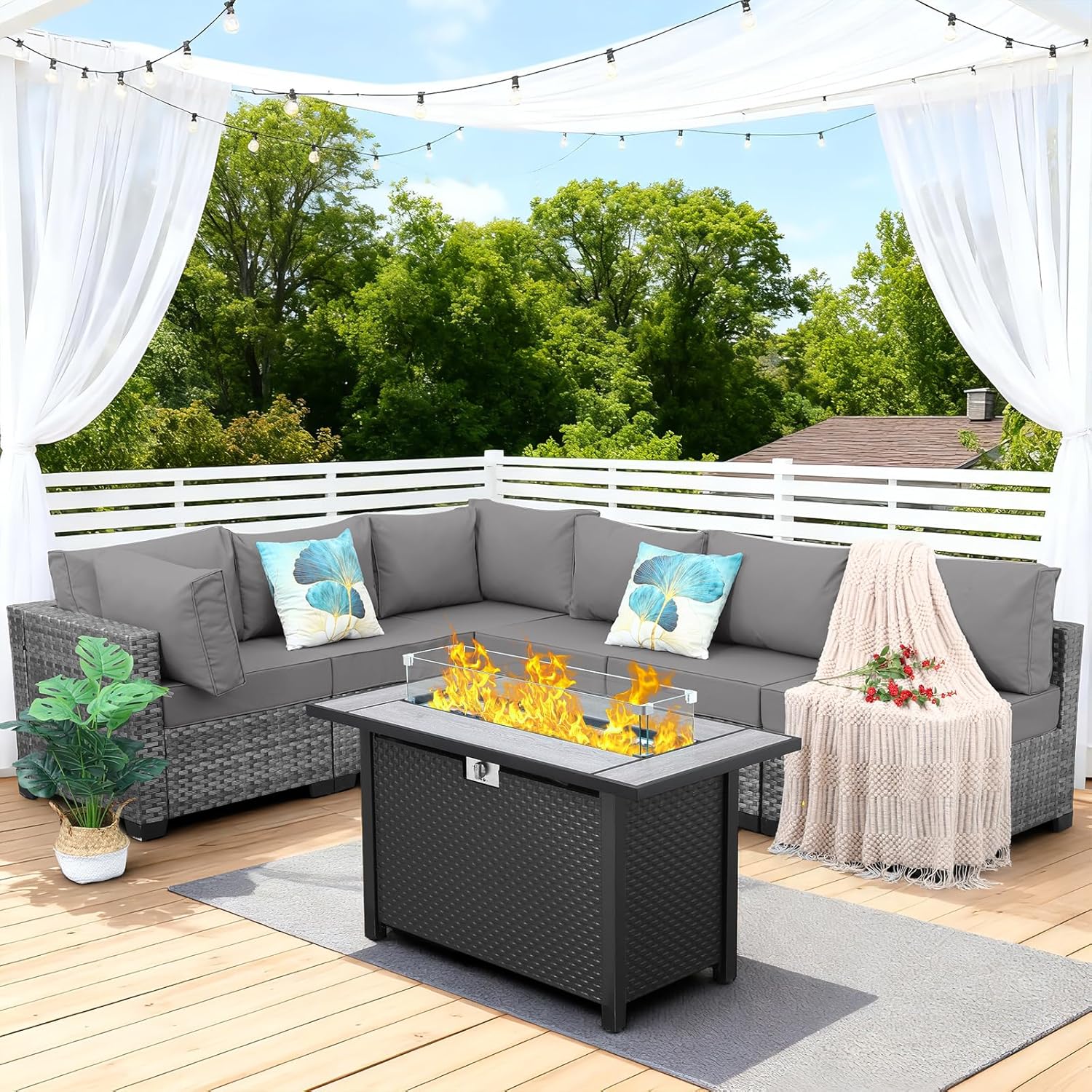 7 Pieces Wicker Patio Furniture Set, PE RattanOutdoor Sectional Conversation Sofa Set with Fire Pit Table, Non-Slip Cushions and Furniture Cover, Light Grey