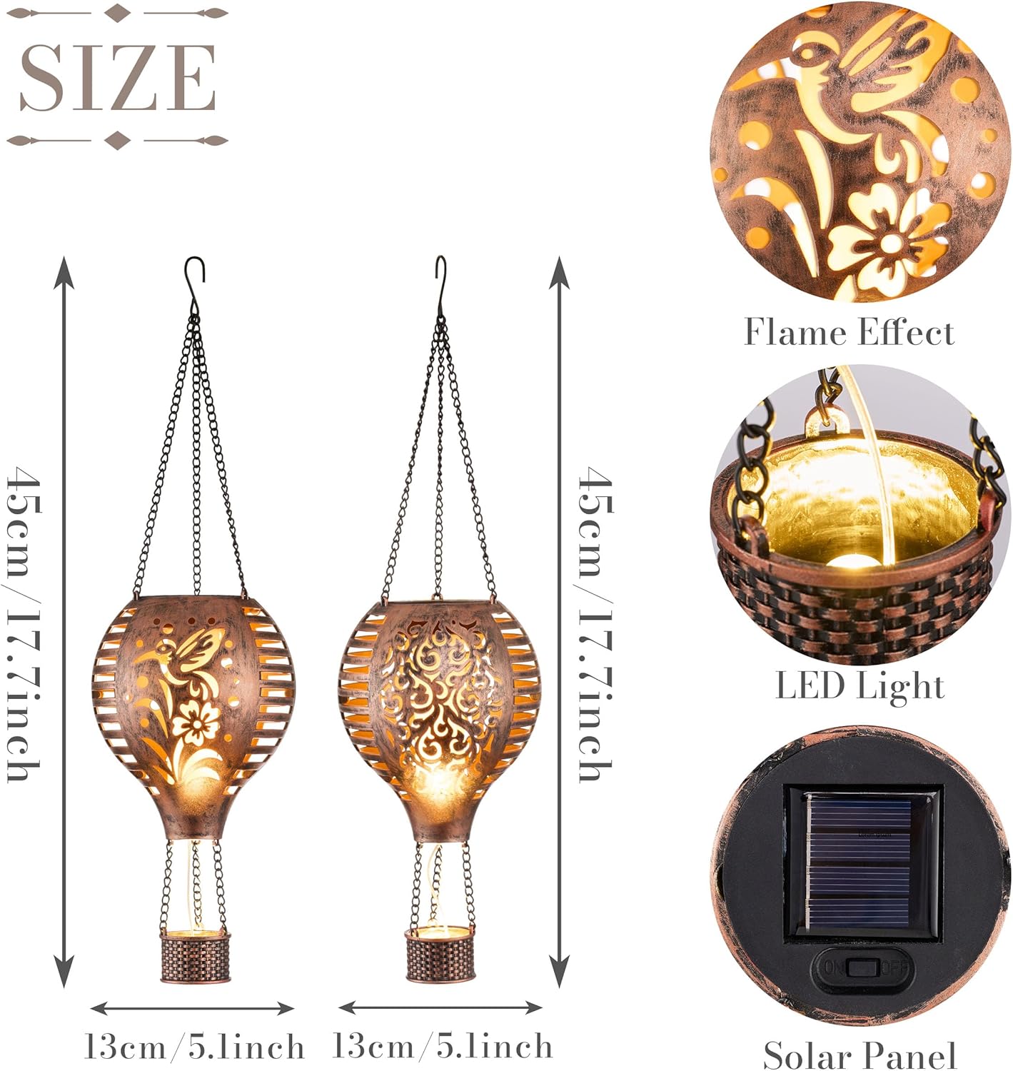 TERESA'S COLLECTIONS 2 Pack Hummingbird Flame and Hot Air Balloon Hanging Solar Lantern for Garden Decor& Lanterns Decorative Indoor Color Changing, Hanging Ramadan Lantern Decor（2 Items Buddle）