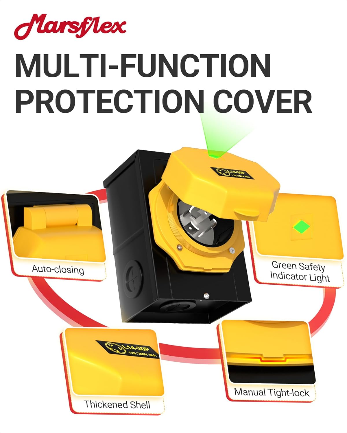 Marsflex 25FT 30 Amp Generator Cord and Power Inlet Box, Pre-Drilled Generator Inlet Box with NEMA L14-30P / L14-30R Generator Cord, for 125/250 Volt 7500 Watts, Weatherproof Outdoor Use, ETL Listed