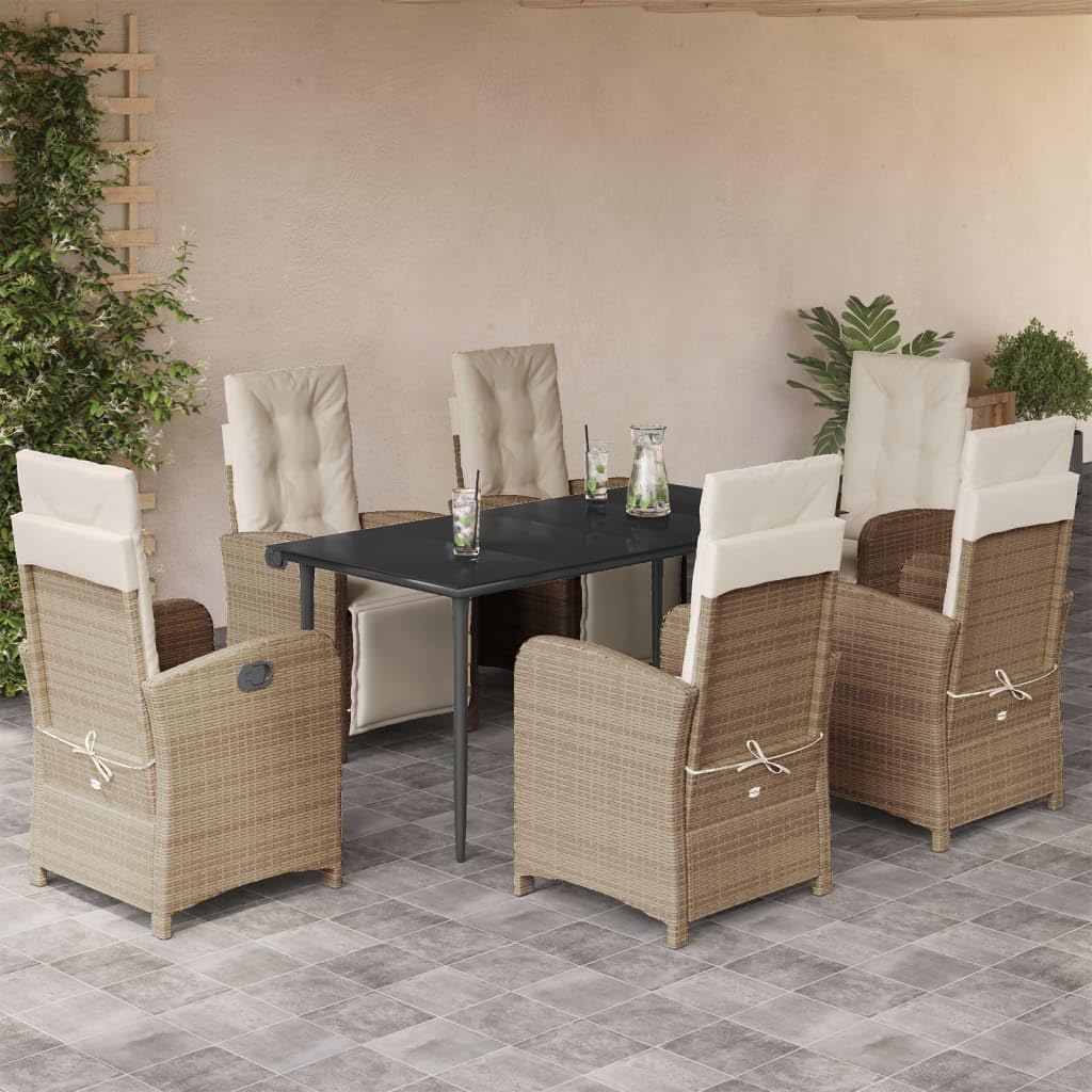 7 Piece Patio Dining Set with Cushions Beige Poly Rattan,Adjustable Patio Dining Set with Glass Table: for Backyard and Balcony Relaxation Furniture Sets for Patio, Lawn & Garden