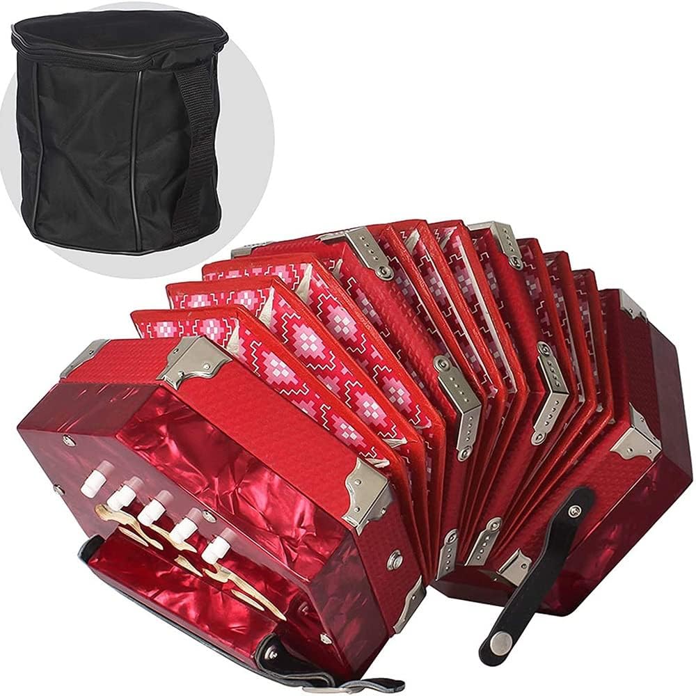 Professional Accordion Concertina With 20 Buttons, With Carrying Bag And Adjustable Hand Strap, For Daily Practice Stage Performance (Color : Red)
