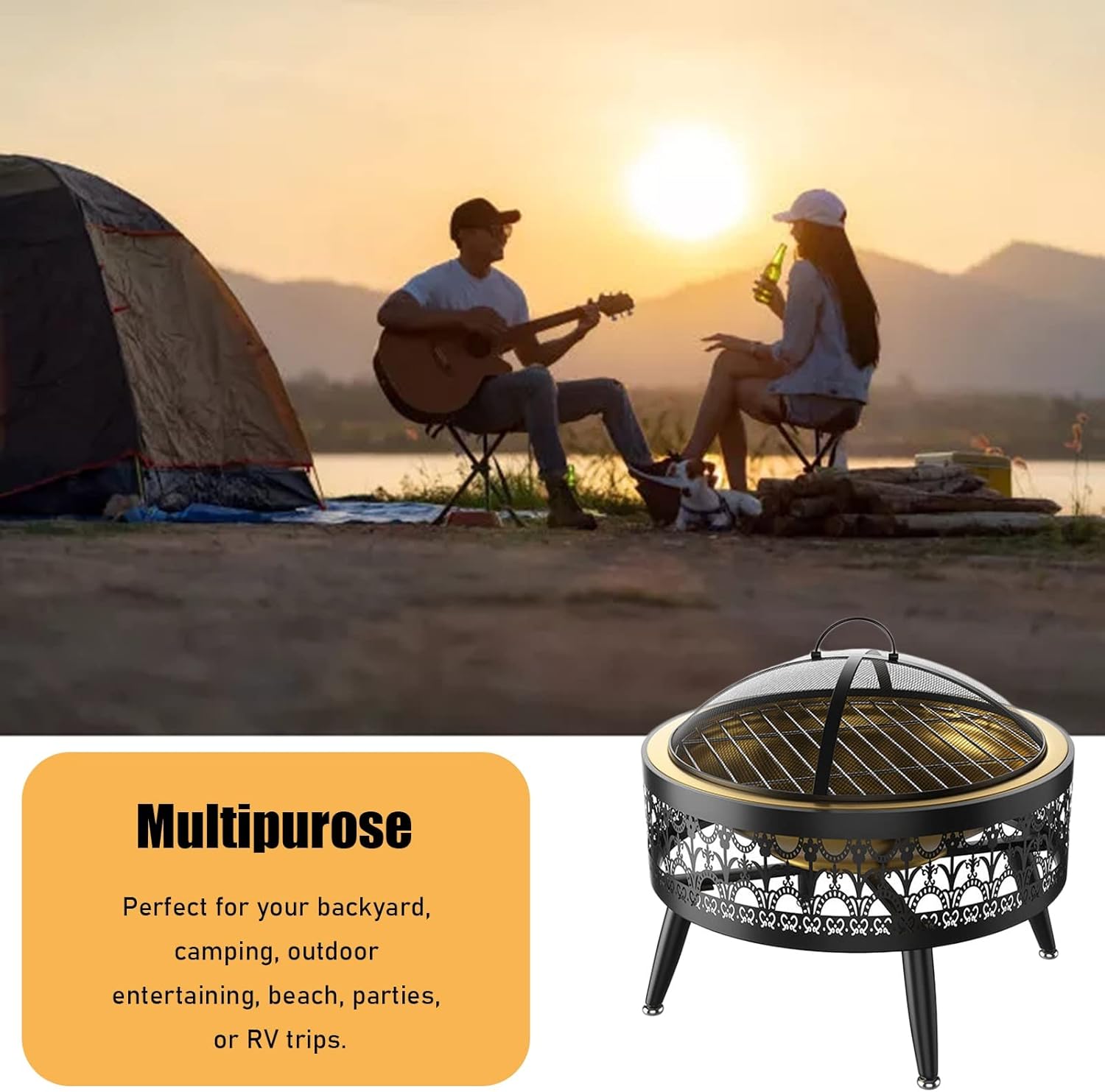 LXLZYXSF Outside Fire Pit Bowl with Table Top, Living Room Coffee Table, Wood Burning Fire Basin for Camping, BBQ, Travel, Bonfire Party, Picnic (Color : Deep Coffee, Size : 52.5cm/20.6inch Wide)