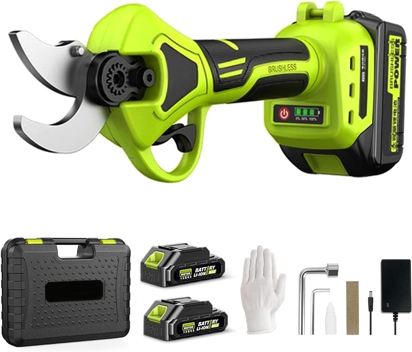 Upgraded Electric Pruning Shears, Cordless Power Pruner - 2'' Cutting Diameter, High Carbon Steel Blades, 24h Battery Life, Branch Shears for Garden Tree Pruning (2 Battery)