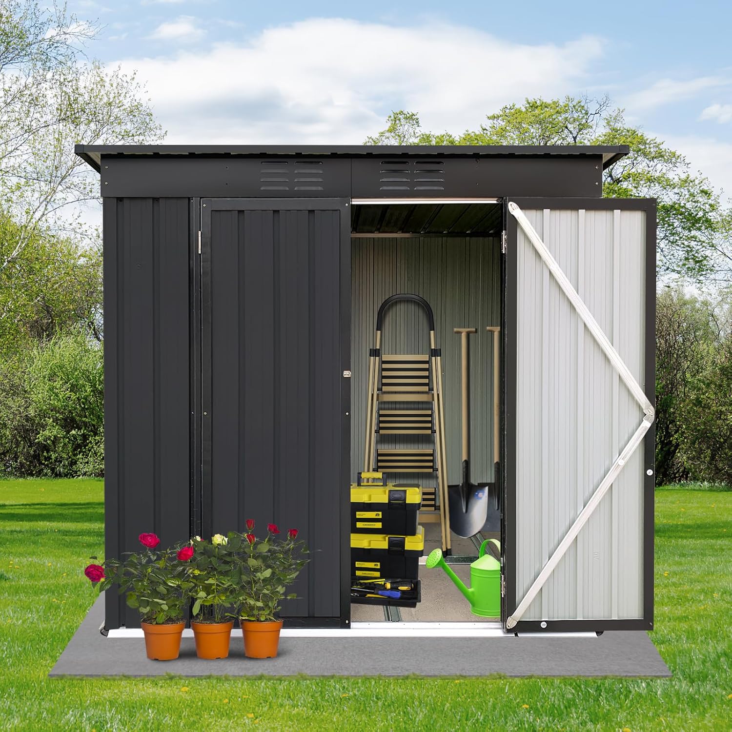 6FTx4FT Metal Outdoor Storage Shed with Pent Roof,Galvanized Steel Utility Tool Storage Garden Shed House with Lockable Doors,Vents, Waterproof Garden Shed for Backyard, Patio Lawn Use, Black