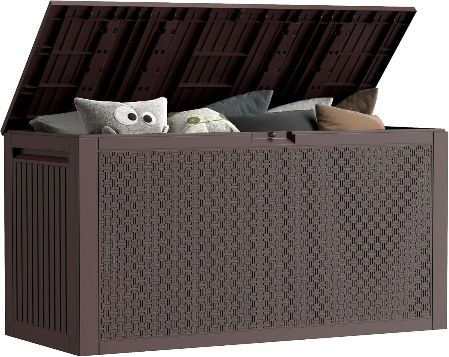 EHHLY 90 Gallon Outdoor Storage Box, Lockable Package Outside Storage Box Waterproof, Patio Cushions Deck Storage Boxes, Rattan Plastic Garden Hose Containers Resin Pool Storage Bins with lids, Brown