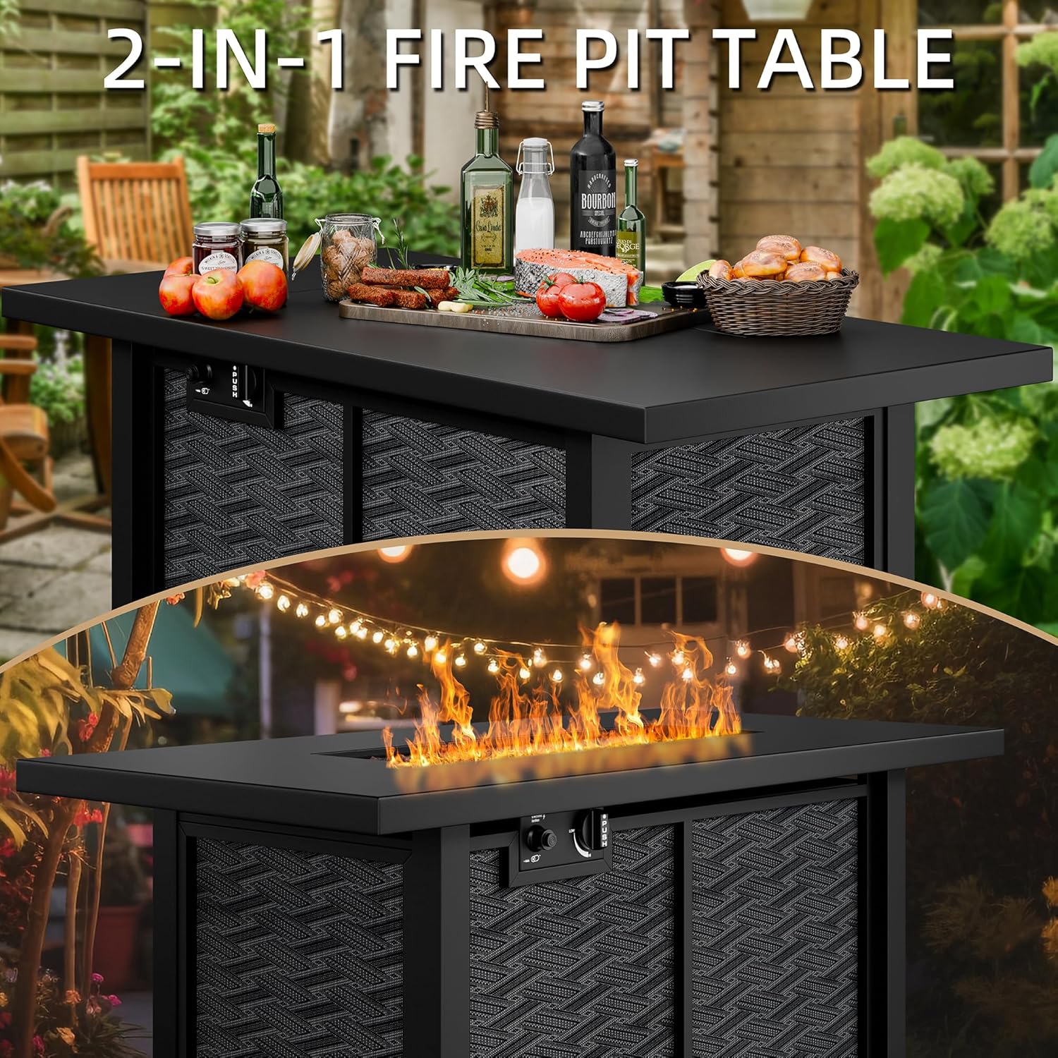 Meilocar Propane Fire Table, 43 in Outdoor Fire Pit Table with Lava Rocks, 50,000 BTU Rectangular Fire Table with Lid and Rain Cover, 2-in-1 Firepit Table for Patio, Backyard, Balcony