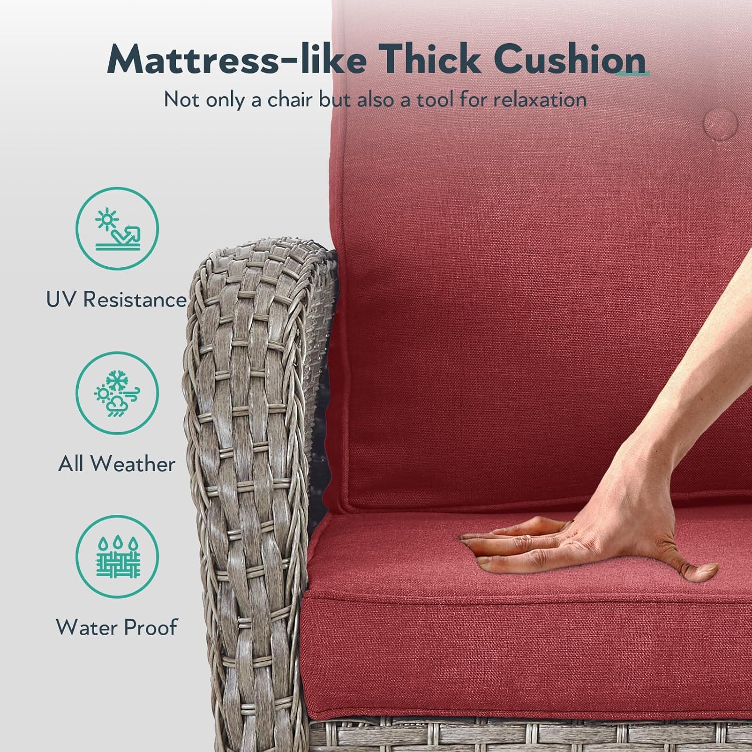 7 Piece Patio Furniture Set with Fire Pit Table - Wicker Patio Conversation Set with 4 Swivel Glider Chairs and 2 Tempered Glass Side Tables for Deck Backyard - Grey Wicker Red Cushion