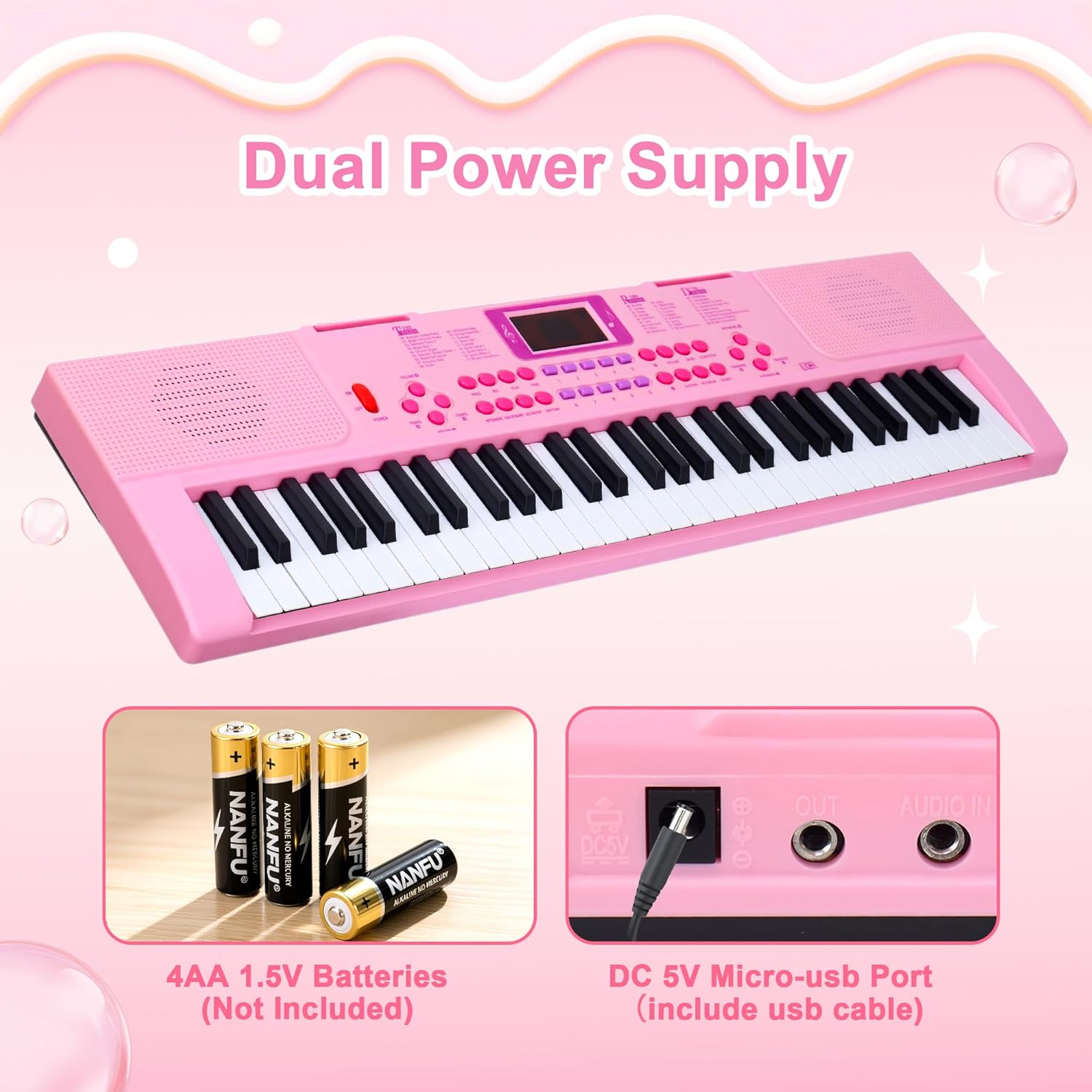 Kids Keyboard Piano, 61 Light-up Key Electric Piano Musical Learning Toy for Beginners with Microphone, Music Stand, Notekey Sticker, Birthday Xmas Gift for 3-10 Years Old, Pink