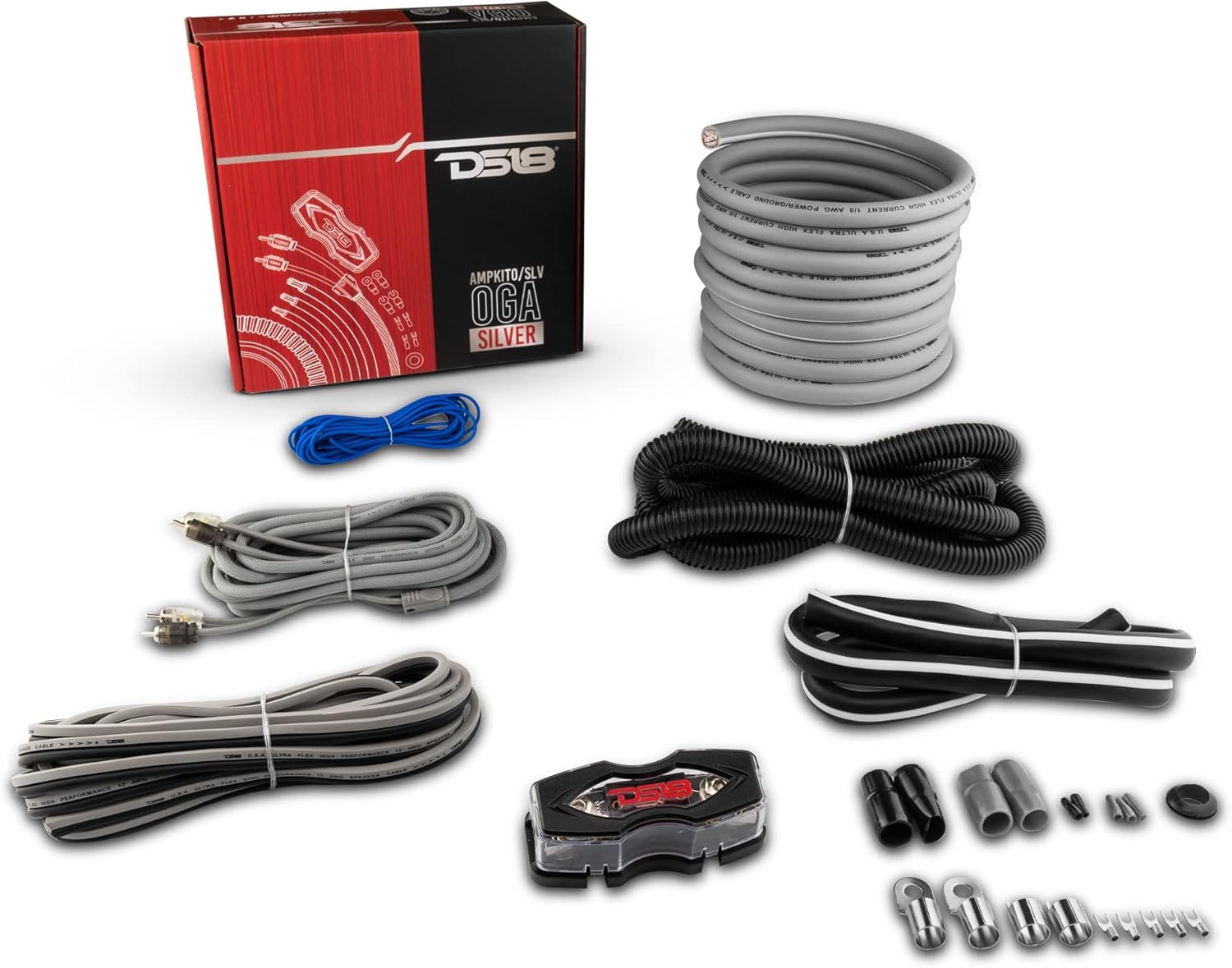 DS18 AMPKIT0/SLV - 0-GA CCA Complete Package Installation Cable Kit for Car Audio Amplifiers Silver