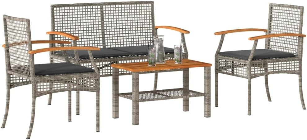 4 Piece Patio Lounge Set with Cushions Gray Poly Rattan,Outdoor Patio Lounge Set: Comfortable PE Rattan Furniture with Acacia Wood Table Furniture Sets for Patio, Lawn & Garden