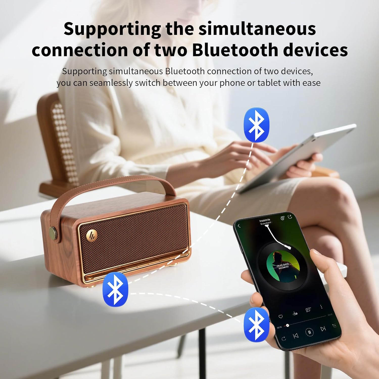 Edifier Retro Wood Bluetooth Speaker, Wireless Portable Speakers with 40W Hi-Res Audio, Stereo Pairing ConneX App, USB and TF Card Brown