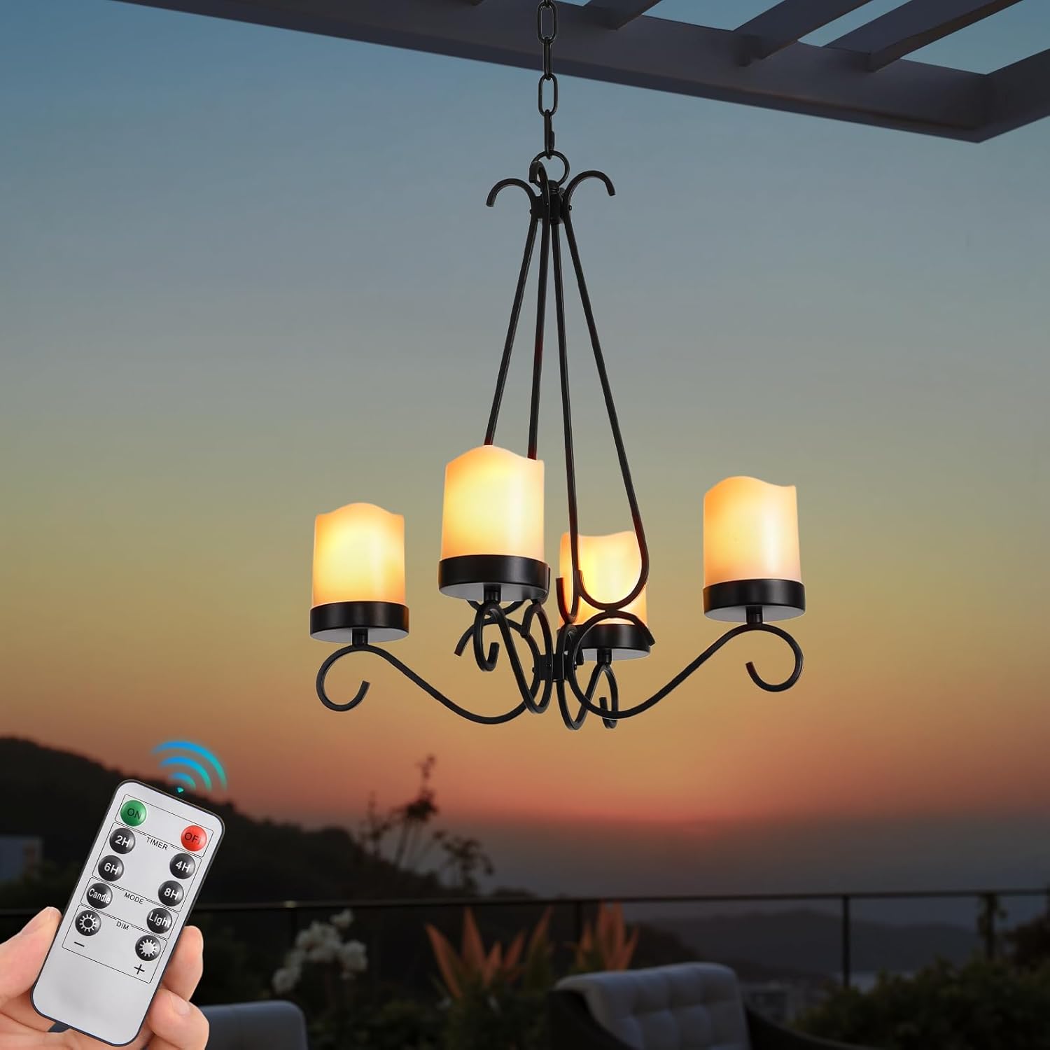 HOXIYA Battery Operated Outdoor Lights, 4 Light Battery Powered Pendant Light Waterproof, Wireless Hanging Chandelier Led Candle Light with Remote for Porch, Patio, Pergola, Gazebo, Canopy, Tent Decor