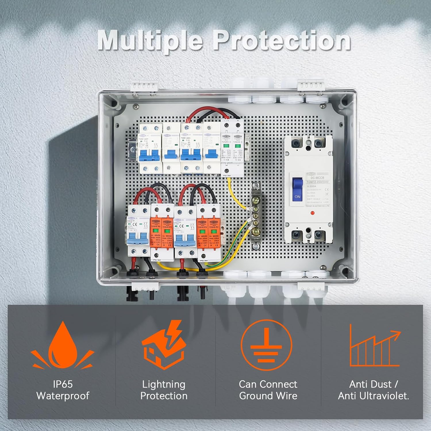 PV Combiner Box 2 String Solar Distribution Box with 25A, 250A DC Circuit Breakers, 63A,125A AC Circuit Breakers, and Surge Protection. Solar PV Breaker Box Perfect for 8K-10KW Solar Inverter Systems