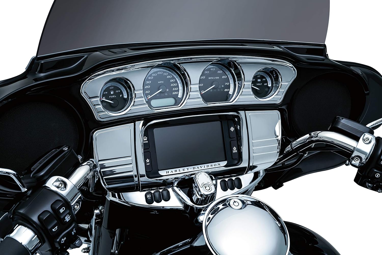 Kuryakyn 7240 Motorcycle Accent Accessory: Deluxe Tri-Line Stereo Trim Kit for 2014-19 Harley-Davidson Touring & Tri Glide Motorcycles, Chrome