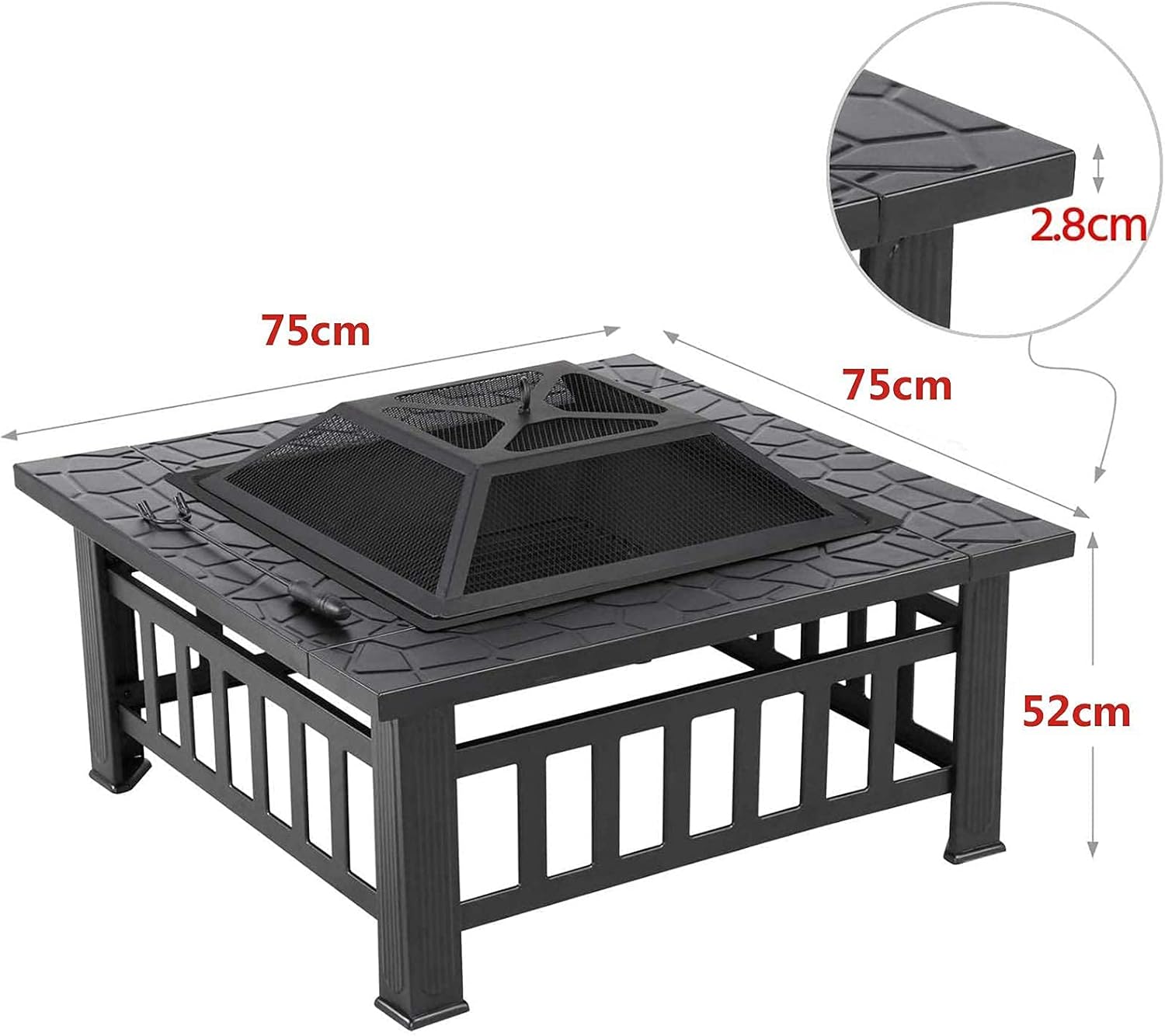 3 in 1 Outdoor Fire Pit,Metal Brazier Square Table Firepit Garden Patio Heater/BBQ/Ice Pit with Waterproof Cover