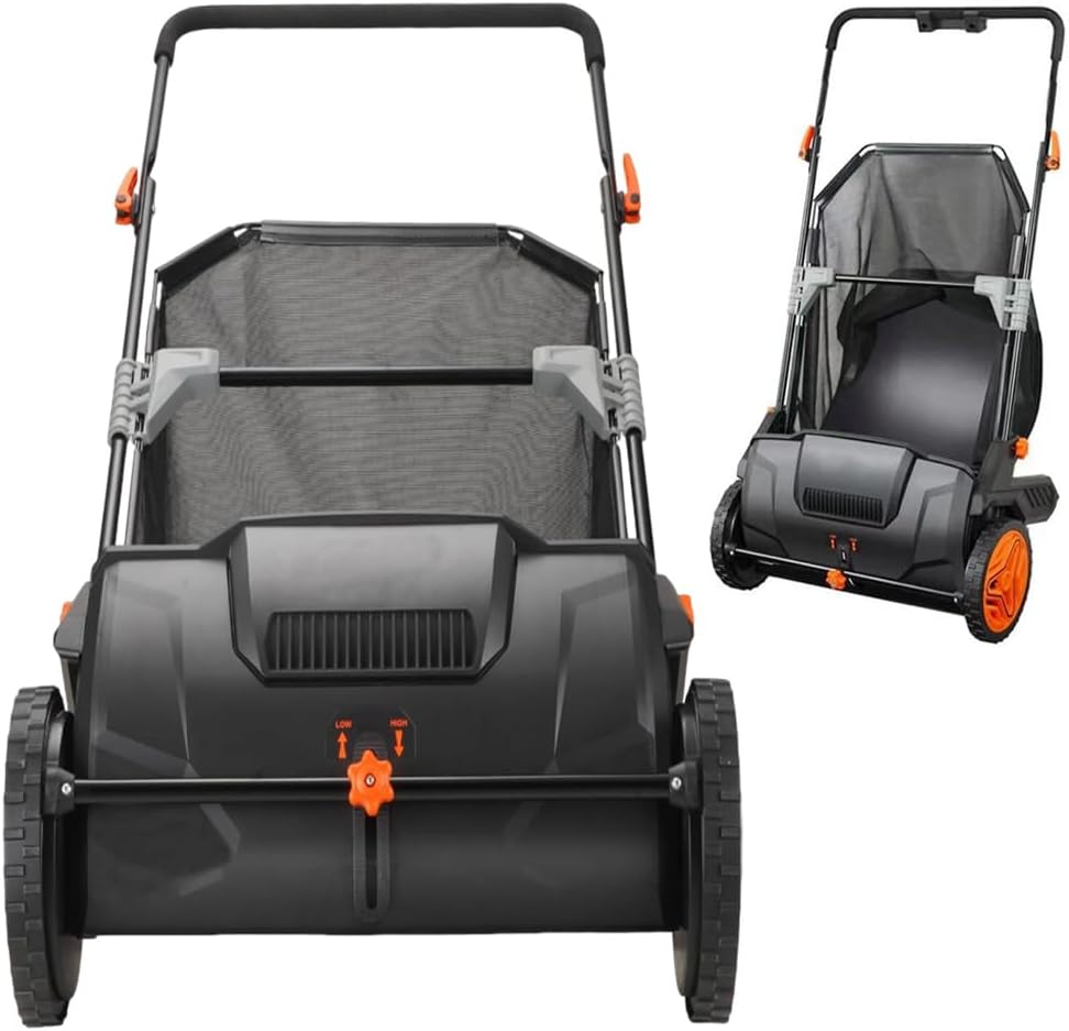 Push Lawn Sweeper, 21-inch Leaf & Grass Collector, Strong Rubber Wheels & Heavy Duty Thickened Steel Durable to Use with Large Capacity 3.5 cu. ft. Mesh Collection Hopper Bag, 2 Spinning Brushes