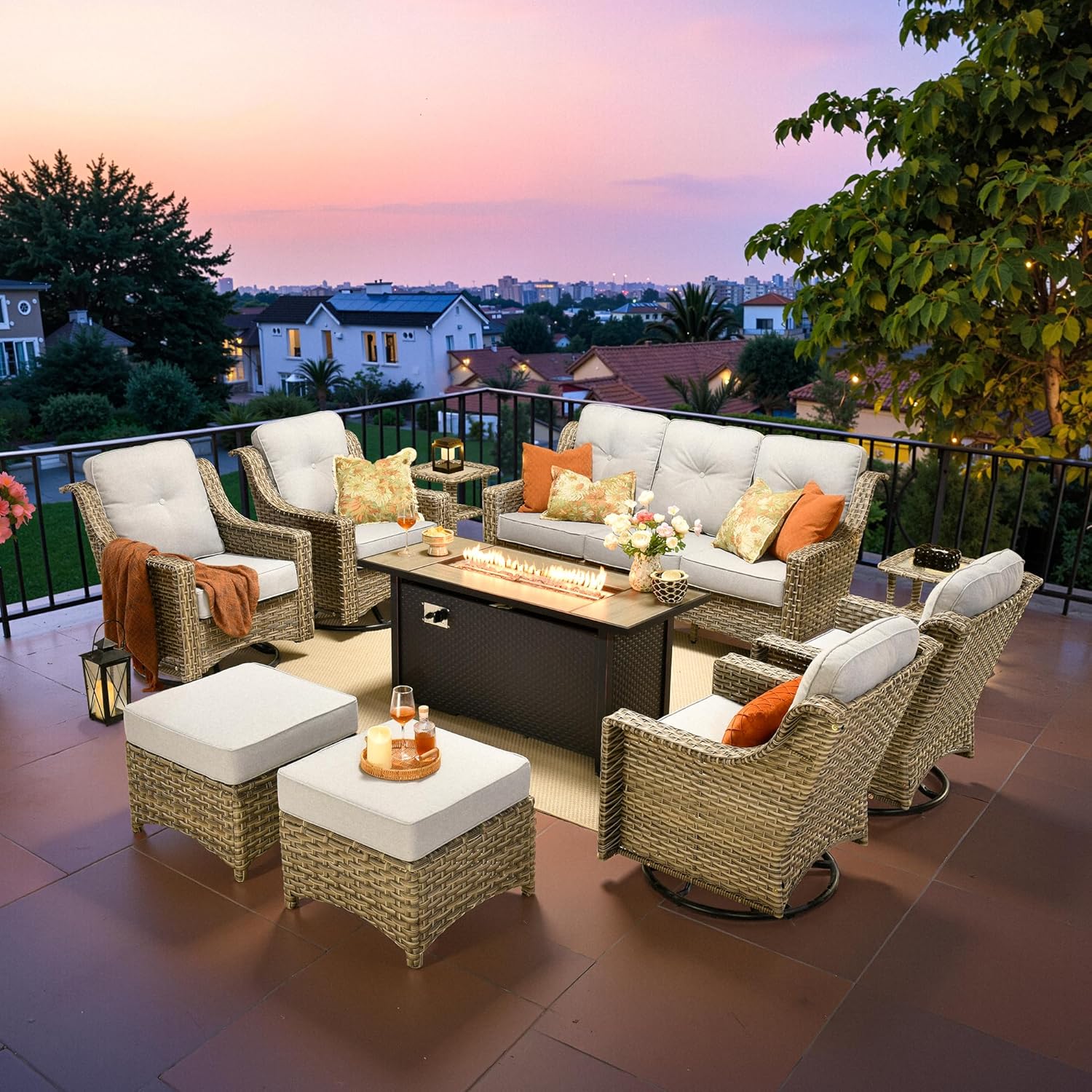 ovios Outdoor 10 Piece Patio Furniture with 54in Fire Pit Table,Wicker Coversation Set with Swivel Rocking Chair,Comfy Sectional Deep Sofa with Ottoman for Outside Porch Balcony Backyard,Light Grey