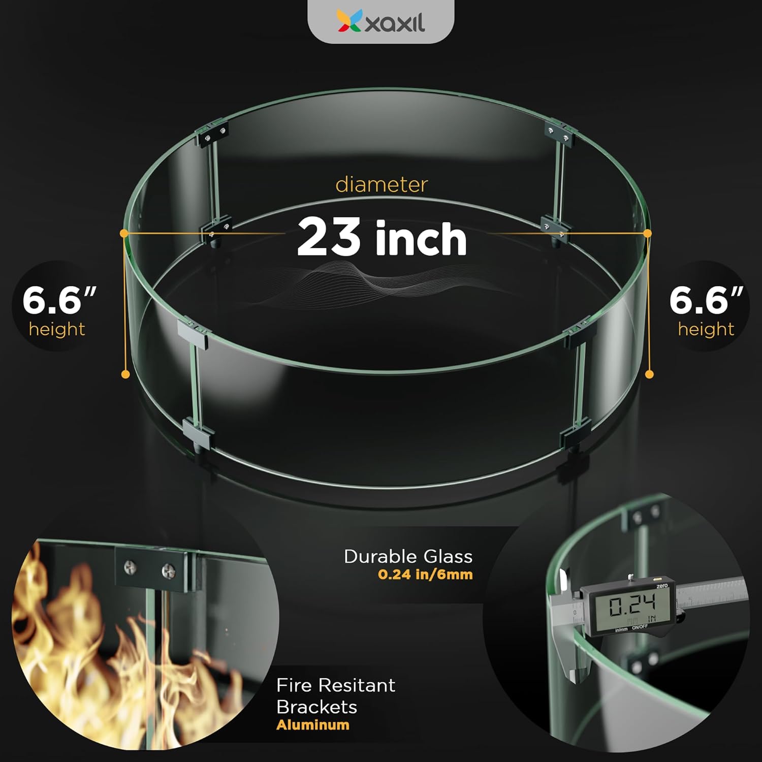 23'' x 6.6'' Round Tempered Glass Wind Guard for Fire Pit Table - Sturdy Shield Protection - Fire Glass Table Accessory with Heat & Vent Panel - Propane Gas Compatible