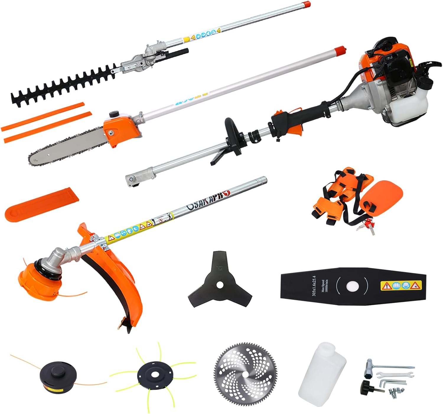 Gas Pole Saw, Multi-Functional Trimming Tool with Mini Chainsaw, Hedge Trimmer, and Brush Cutter Blade - Cordless Gas Pole Chainsaw Combo for Tree Trimming (8 in 1), Orange