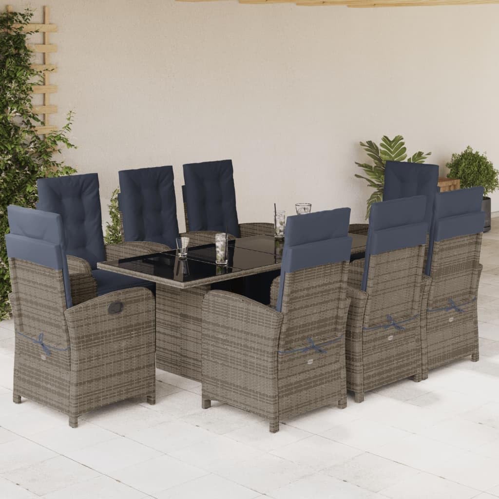 Furniture Sets 9 Piece Patio Dining Set with Cushions Gray Poly Rattan,Premium Outdoor Patio Dining Set with Reclining Chairs and Tempered Glass Tabletop Garden Conversation Sets