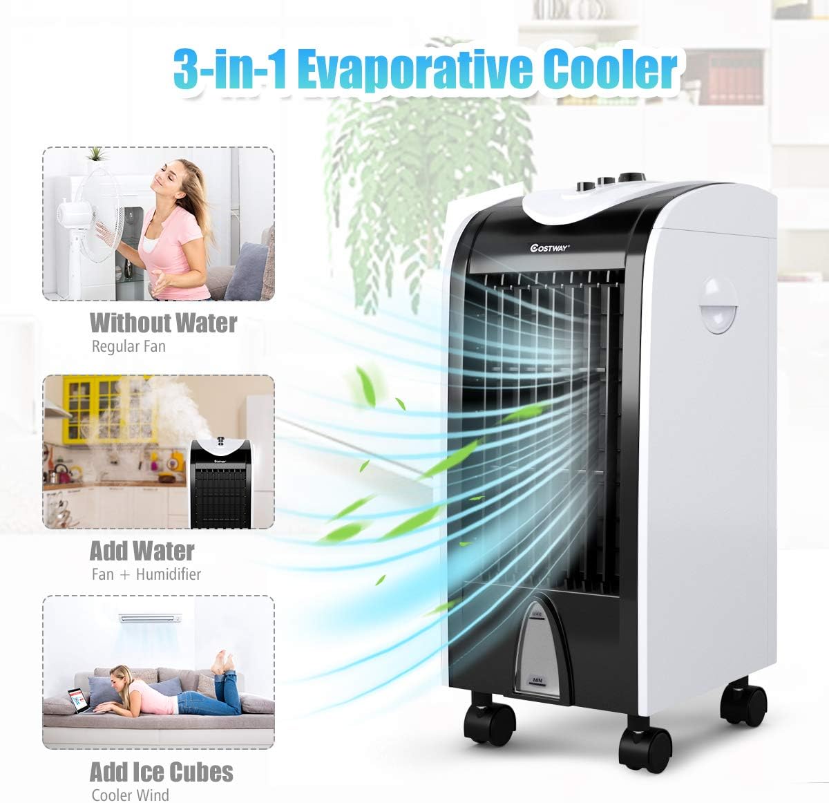 ARLIME Evaporative Air Cooler, Portable Cooling Fan with Humidifier, 28 Inches 7.5H Timer Knob Control 3 Wind Speed & 3 Mode with 4 Wheels and 2 Ice Boxes for Home Office Dorms