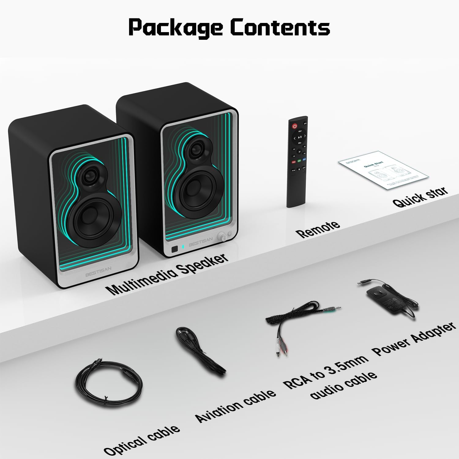 BESTISAN 50W*2 Active Bookshelf Speakers with Dynamic Light Effect, 3