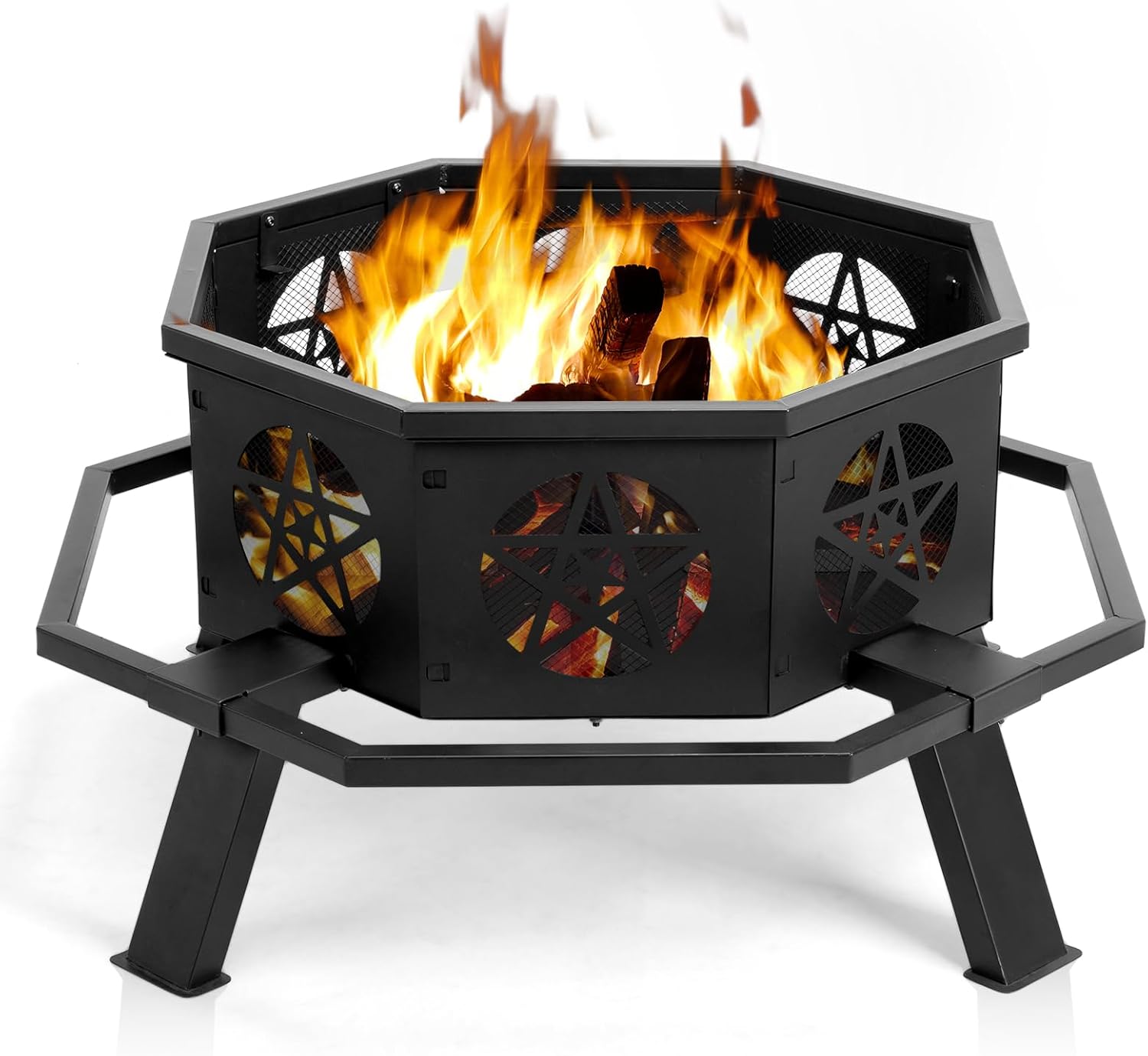 35 Inch Fire Pit for Outside, Octagonal Wood Burning Firepit with Star Pattern and Safety Ring Compact 35.6