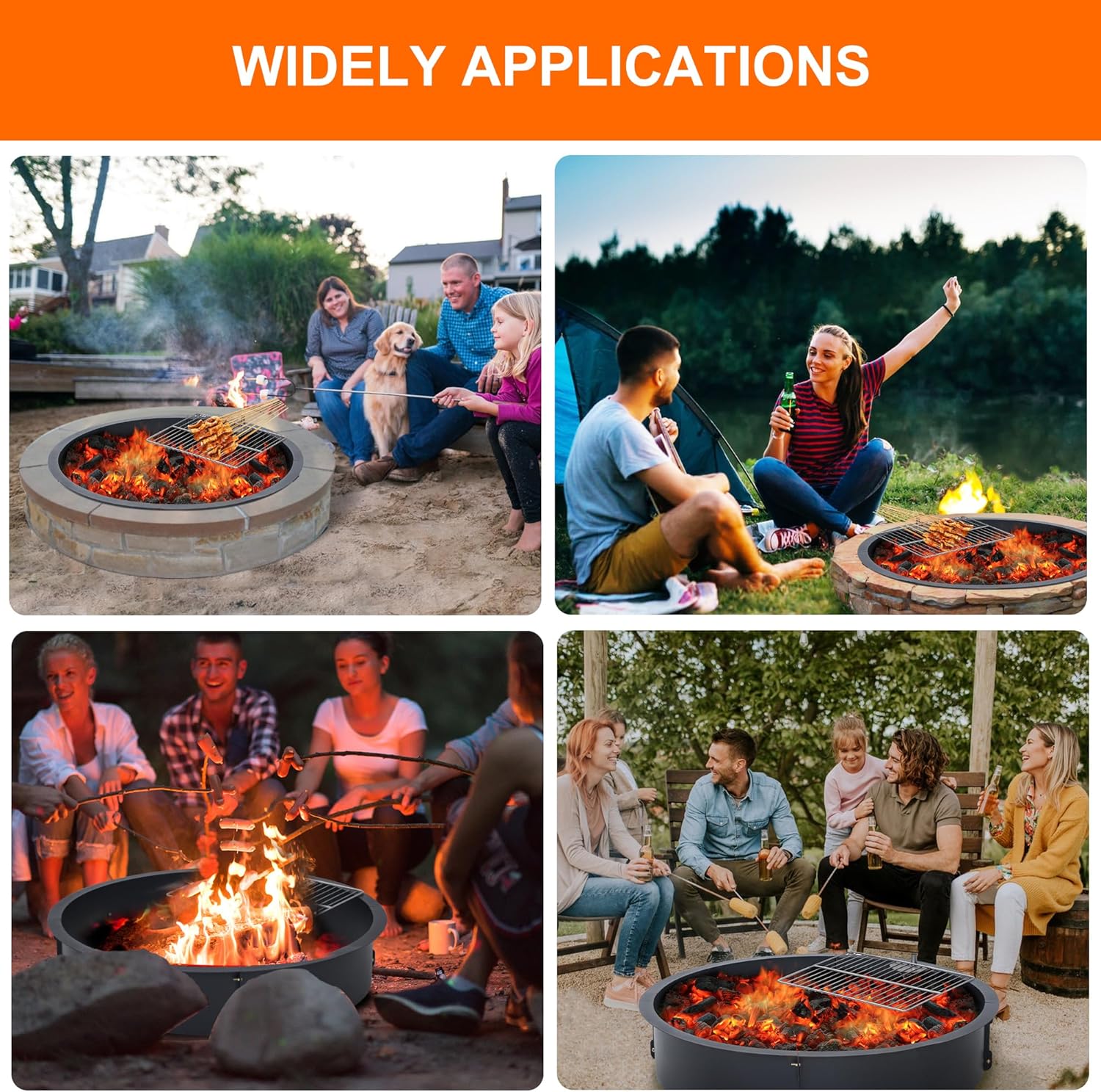 40 Inch Outer / 36 Inch Inner Fire Pit Ring, Round Smokeless Wood Burning Fire Pit Insert, Heavy Duty Steel DIY Fire Ring with Poker, Above or In Ground Use for Patio Garden Backyard Camping