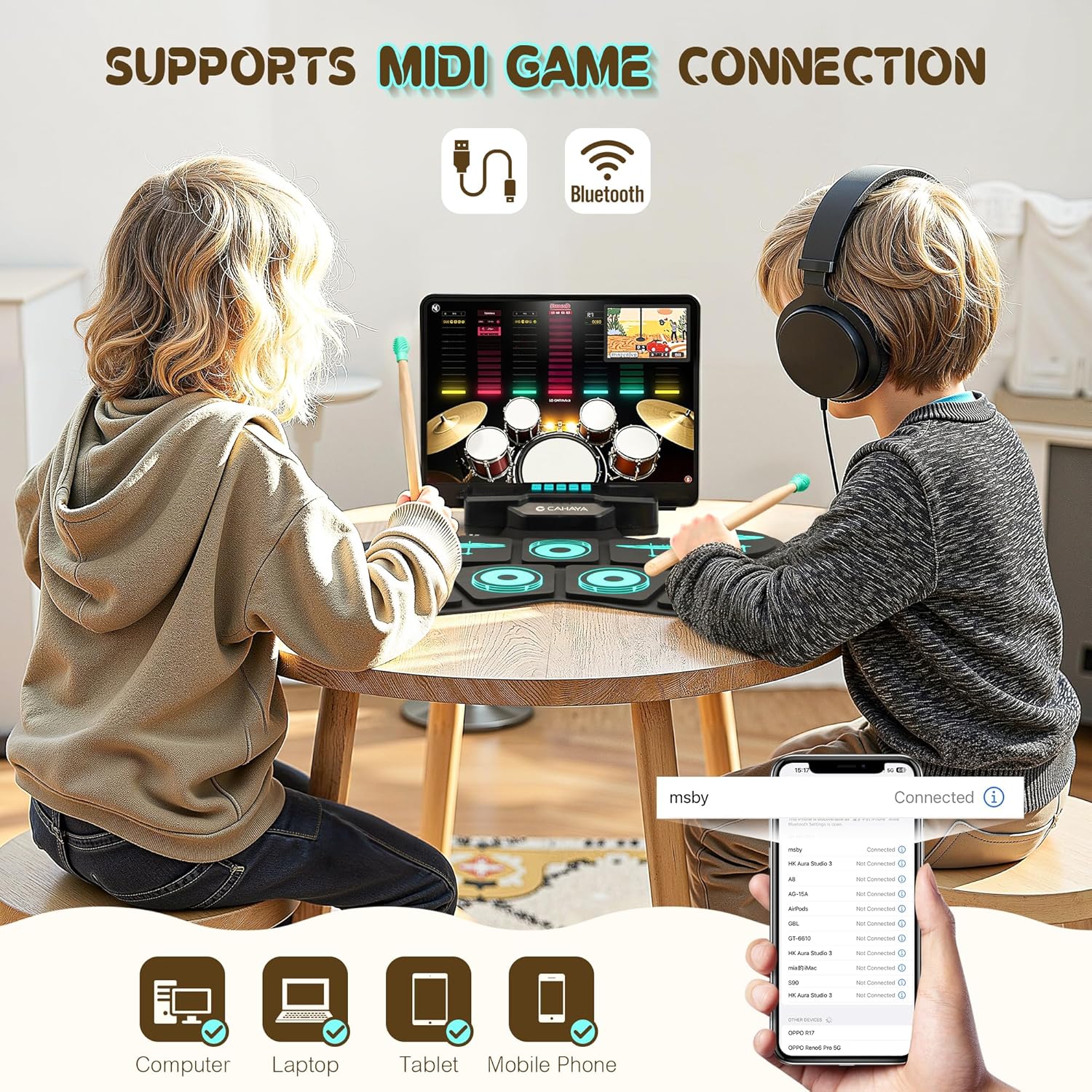 CAHAYA Electric Drum Pad Kids - Electronic Drum Set 9-Pads with Dual Speakers MIDI Portable Electric Drum Kit for Beginners Gift with Small Tray, Tripod Stand, Drumstick Bag