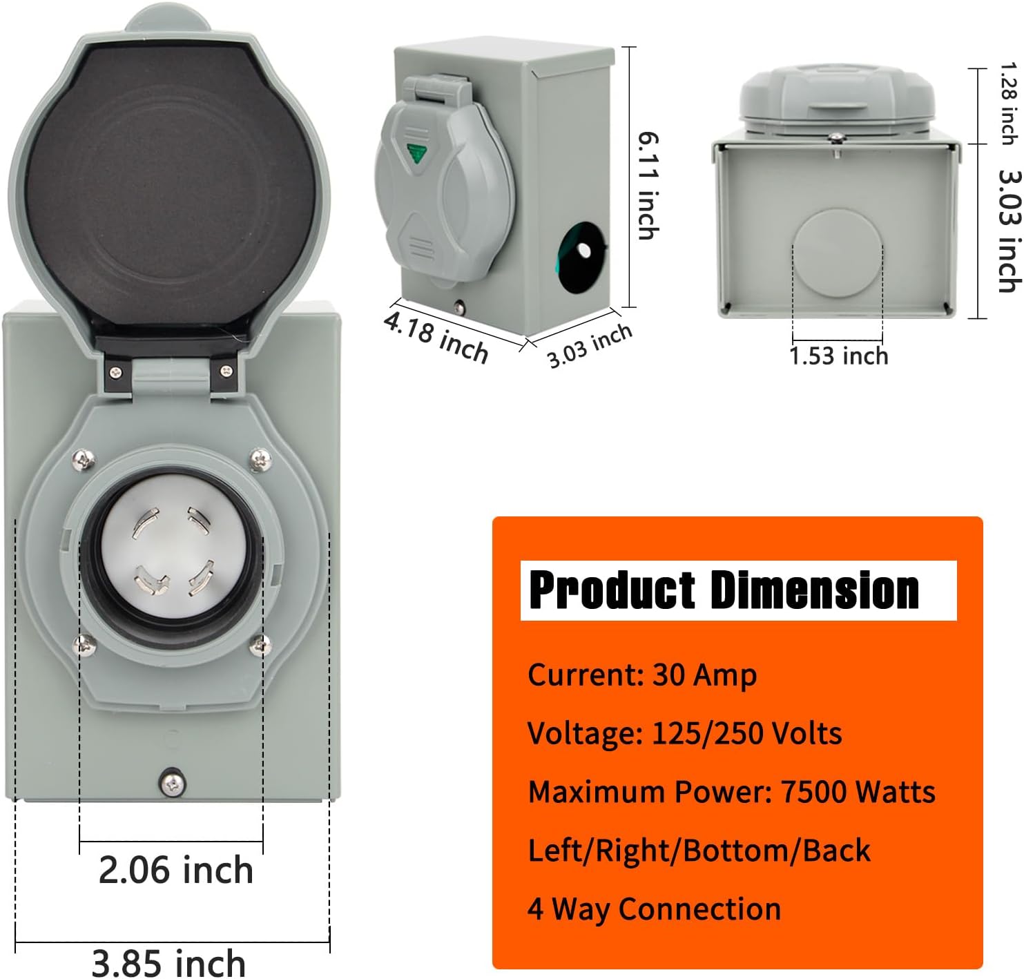 30 Feet 30 Amp Power Cord and Power Inlet Box Generator Hookup Kit, 7500W, 125V/250V Generator Extension Cable Twist Lock and Pre-Drilled Power Inlet Box for Outdoor, Home, Backup Power Use