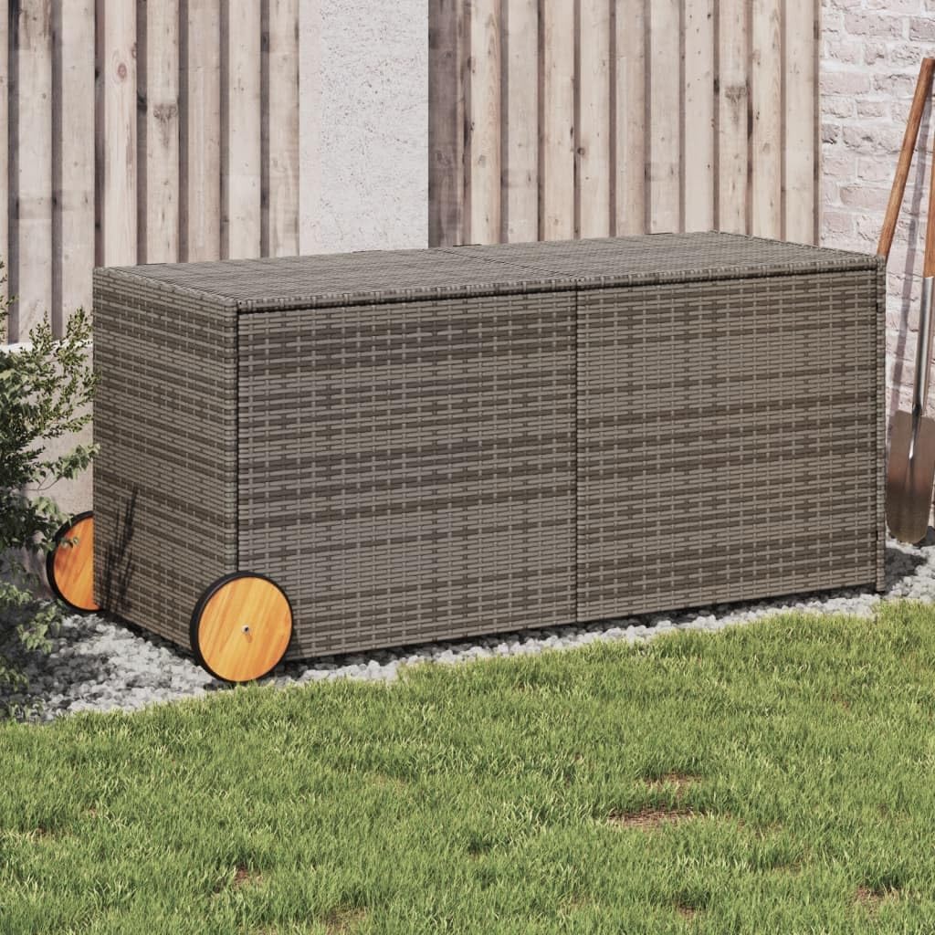 Outdoor Garden Storage Box, Grey Weather-Resistant Poly Rattan Deck Container with Wheels, 283L Large Capacity for Patio Cushions & Tools, 22x50x22 Inch