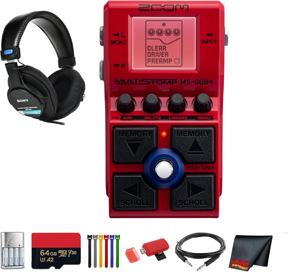 Zoom MS-60B+ MultiStomp Multi-FX Bass Pedal Bundle With MDR-7506 Professional Stereo Headphones + Cleaning Cloth + 4x AA Batteries + Charger + Balanced Interconnect 1/4 inch TRS to Same Cable