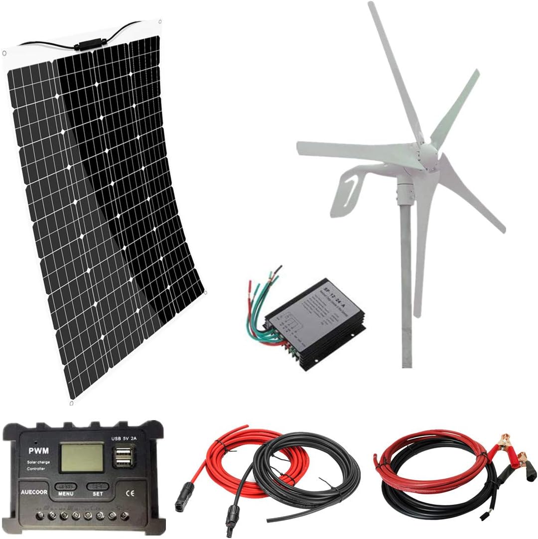 500W(520W) Solar Wind Power Kit: 120W Mono Flexible Solar Panel + 400W 12V Wind Turbine Generator + Accessories for RV, Boat, Cabin, Trailer, Roofs, Off Grid System, 12V Battery Charging