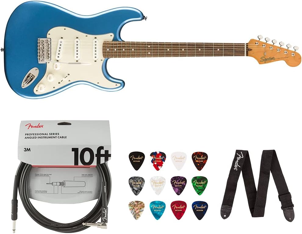 Squier Classic Vibe '60s Stratocaster Electric Guitar, Lake Placid Blue, Laurel Fingerboard Bundle with 10ft Cable, 12-Pack Picks, and 2