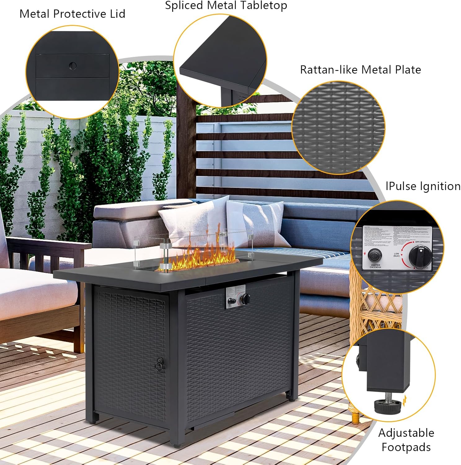 43 Inch Outdoor Propane Gas Fire Pit Table,Outdoor Fire Pit Rectangular Tabletop,Steel Gas Fire Pit Table,Outside Patio Gas Fire Pits,with Lid and Lava Rock,for Patio Deck Garden Backyard (Black)