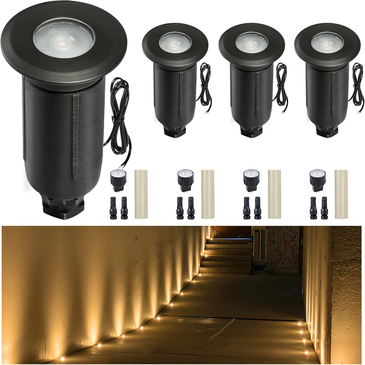 Gardenreet Brass Well Lights, IP65 Waterproof Drive-Over Rated, Bronze Compact In Ground Landscape Lights, 12V Low Voltage Well Light with 2.5W 225LM MR8 LED Bulb and PVC Sleeve, 4-Pack