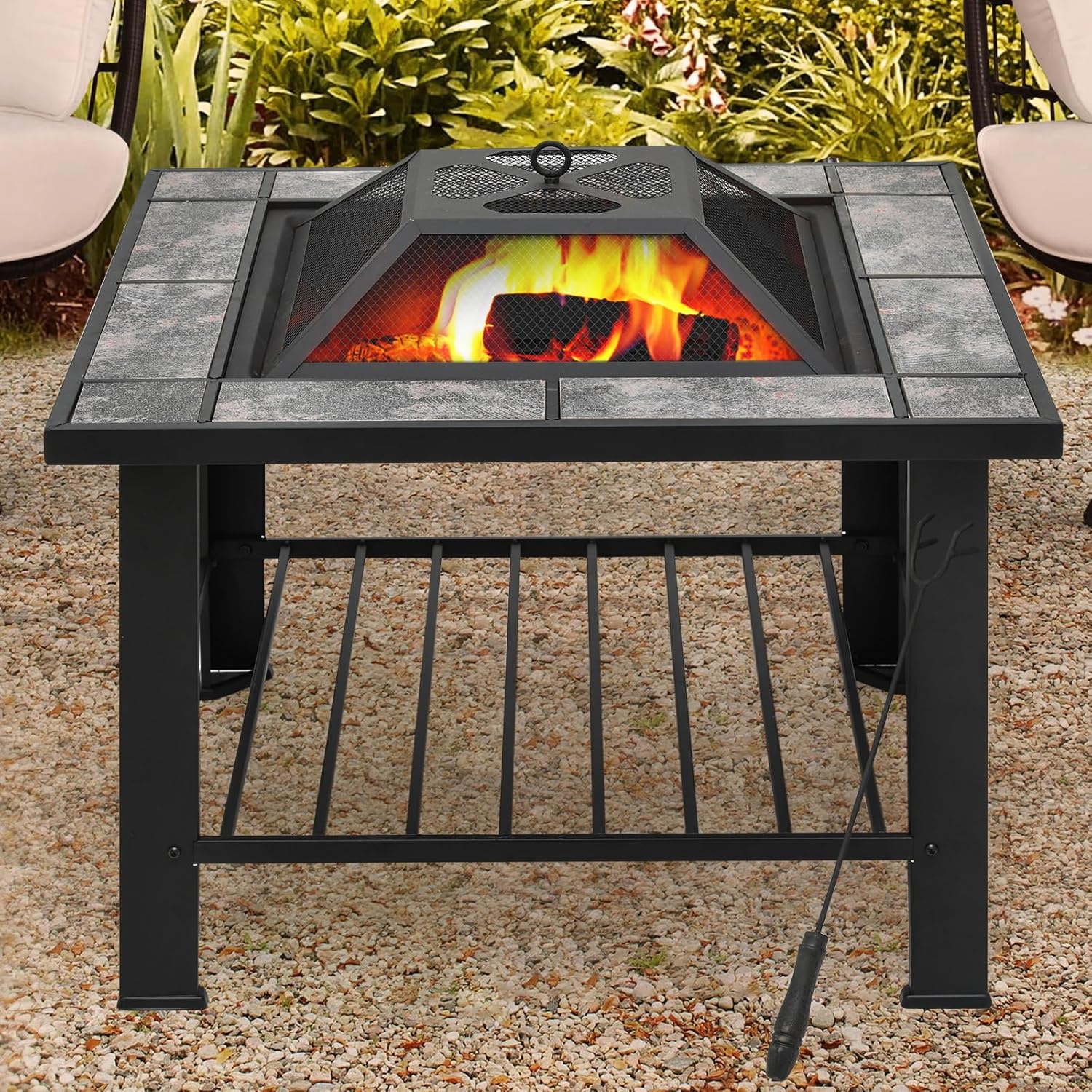 Athena Collection 30 in Patio Fire Pit Table, 3 in 1 Multiuse Square Iron Large Wood Burning Firepit Table Outdoor Fireplace with Spark Screen Log Grate Poker for Outside Heating Camping BBQ Bonfire