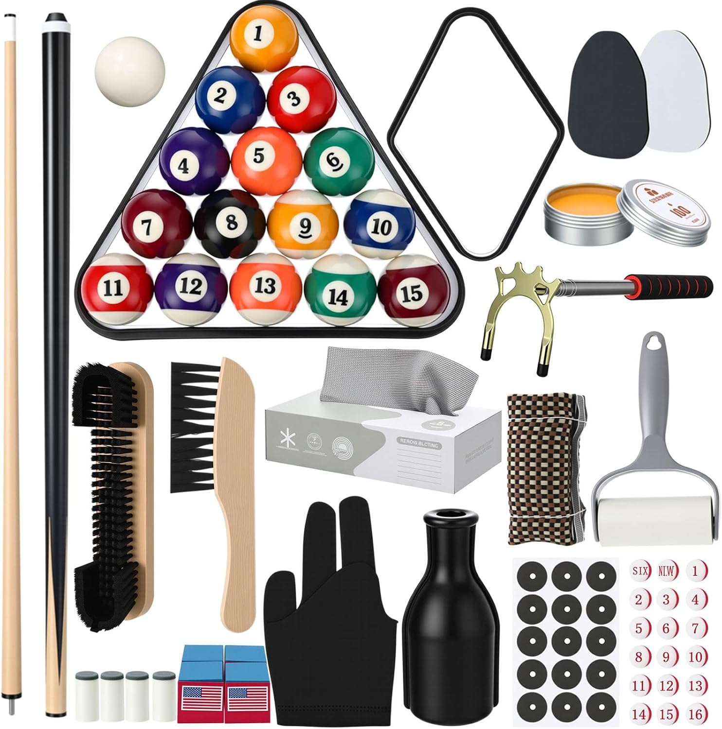 Vinsot 100 Pieces Pool Table Accessories, 16 Billiard Balls, 2 Sets of Pool Cues, Triangular Diamond Ball Rack, Cue Chalk, Cue Heads and Ball Brush Set and Other Billiard Accessories