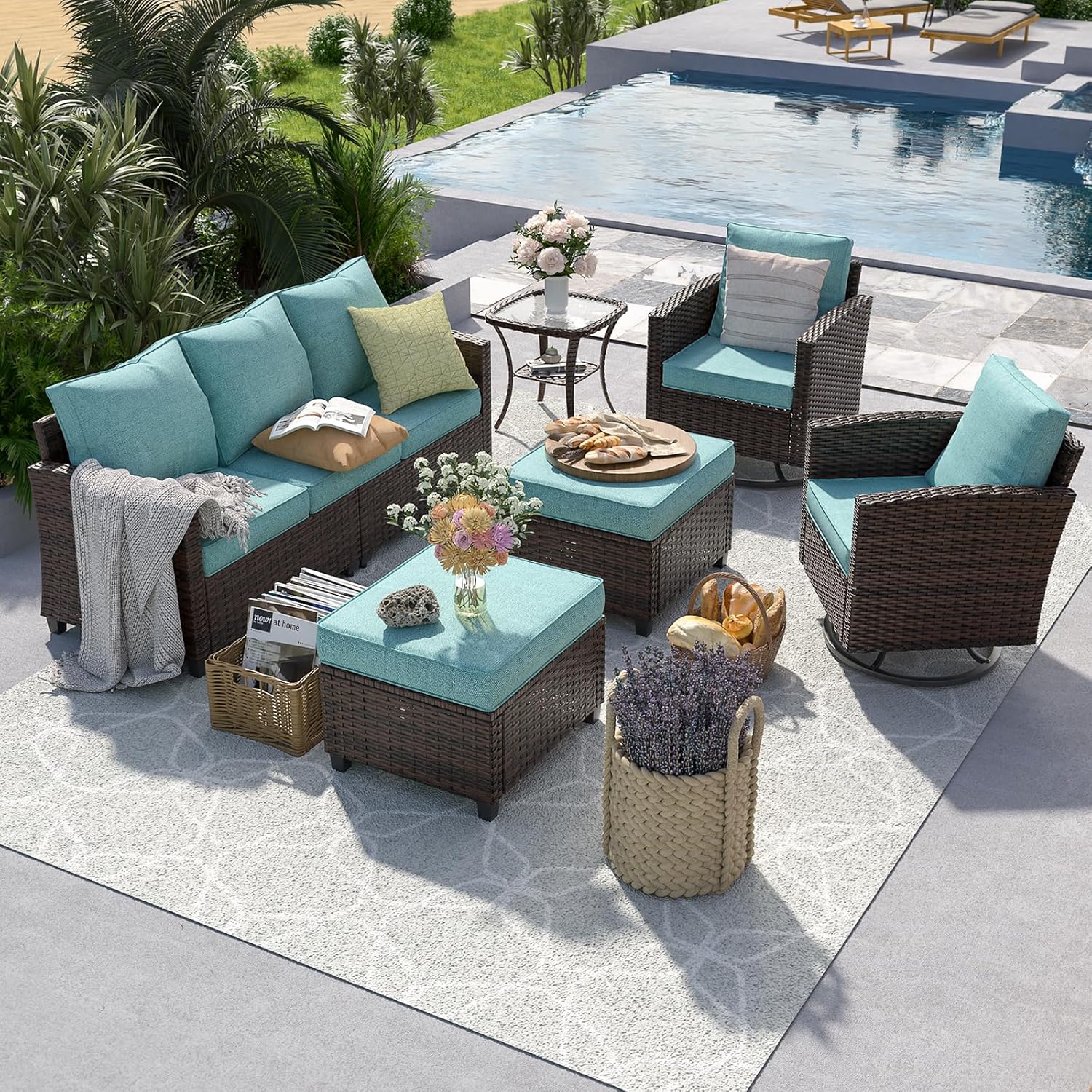 UDPATIO Patio Furniture Set, 6 Pieces Outdoor Sectional Couch, Brown Wicker Rattan Conversation Sofa with Swivel Rocking Chair, 4