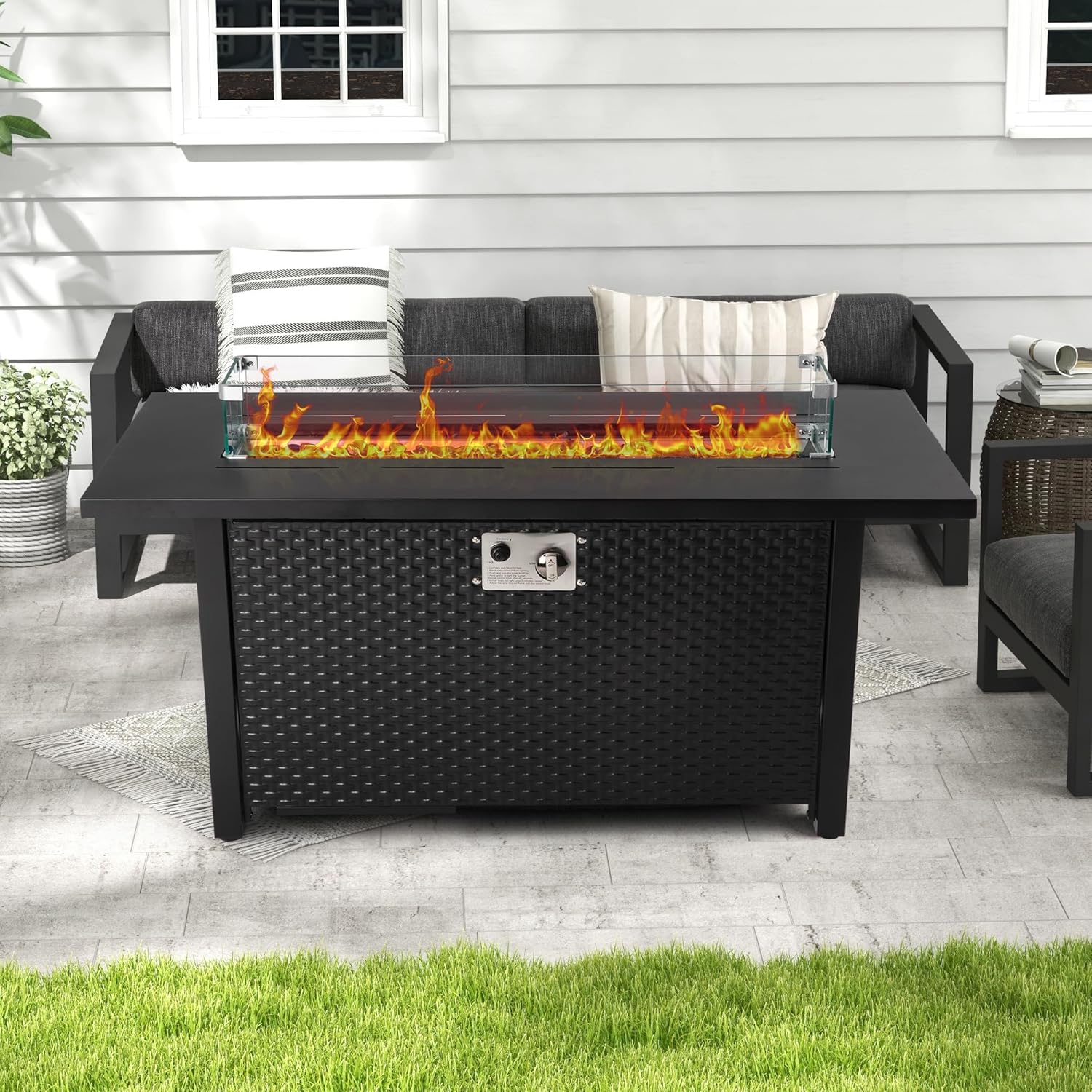 Royalcraft 43?Outdoor Propane Fire Table Set with Heavy-Duty Glass Stones, Glass Wind Guard, Lid & Water-Resistant Cover, Rectangle Fire Pit Table, 50,000 BTU Metal Fire Pit Table for Patio, Deck